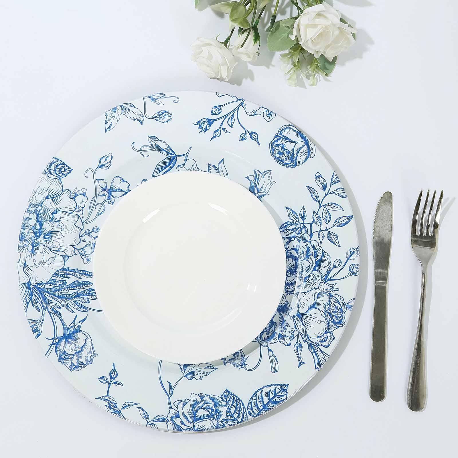 Efavormart 6 Pack White Blue Floral Acrylic Charger Plates - French Toile Pattern Round Dinner Plates for Wedding, Party & Holiday Decor - 13 Inch Elegant Table Setting Chargers