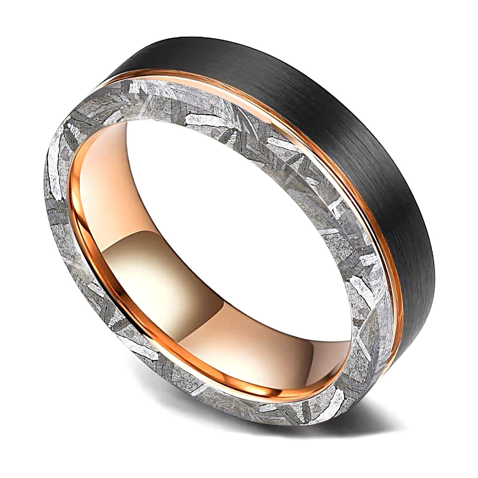 14K Gold Plated Tungsten Wedding Band with Real Meteorite Inlay - Comfort Fit Beveled Edge 6mm Width - Luxury Unisex Ring for Men & Women - Perfect for Anniversaries, Engagements and Special Occasions