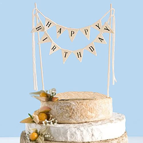 Happy Birthday Bunting Cake Topper - Handmade Rustic Pennant Flags with Wood Pole | Preassembled Decoration for Birthday Cakes, Cheesecakes & Desserts | Perfect for Parties, Weddings & Special Celebrations