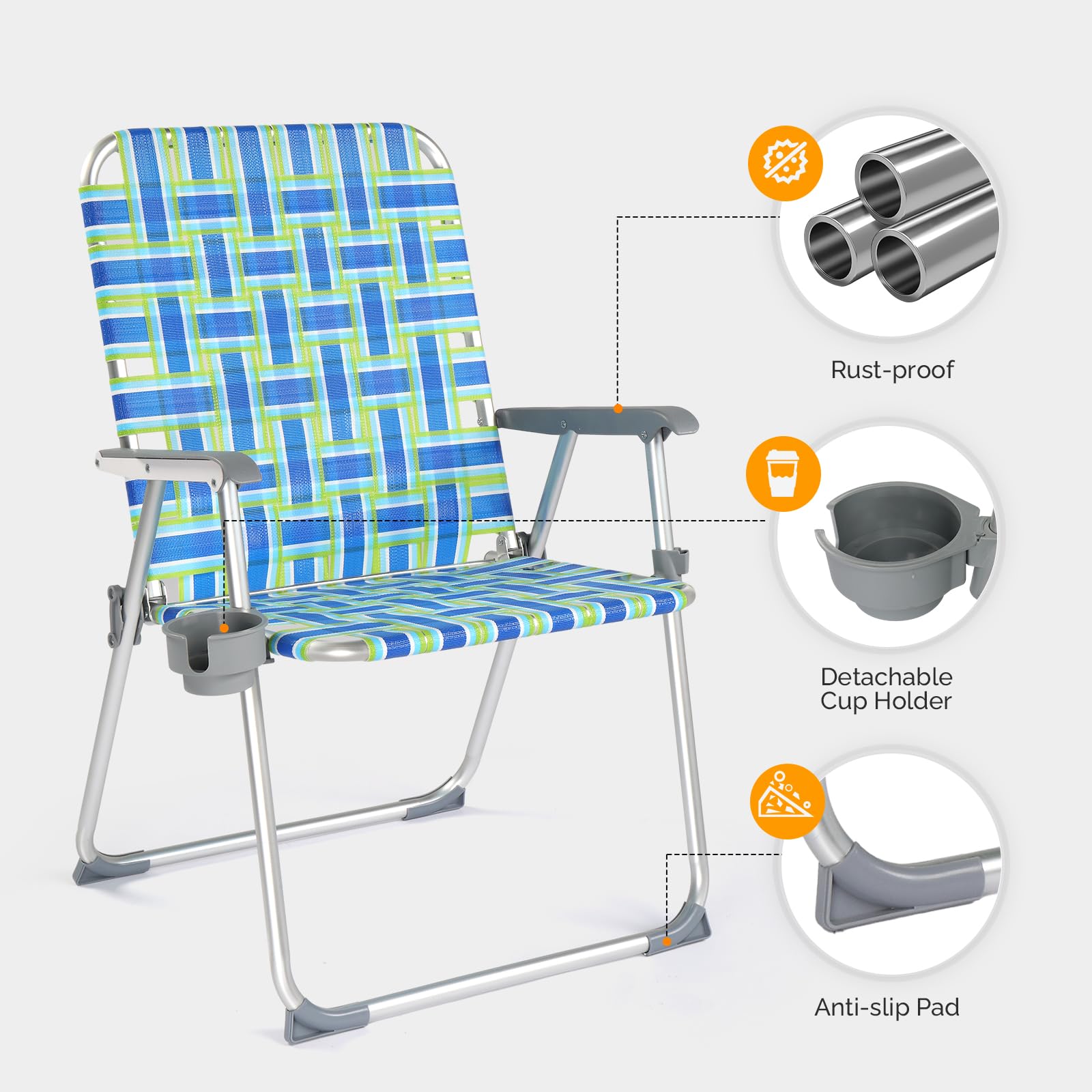 VINGLI 2 Pack Folding Aluminum Webbed Oversized Lawn Chairs - Heavy Duty 300LBS Capacity Beach Chairs for Adults with Detachable Cup Holder, Portable Patio Chairs for Yard, Garden, Poolside & Outdoor Relaxation (Blue/Green)