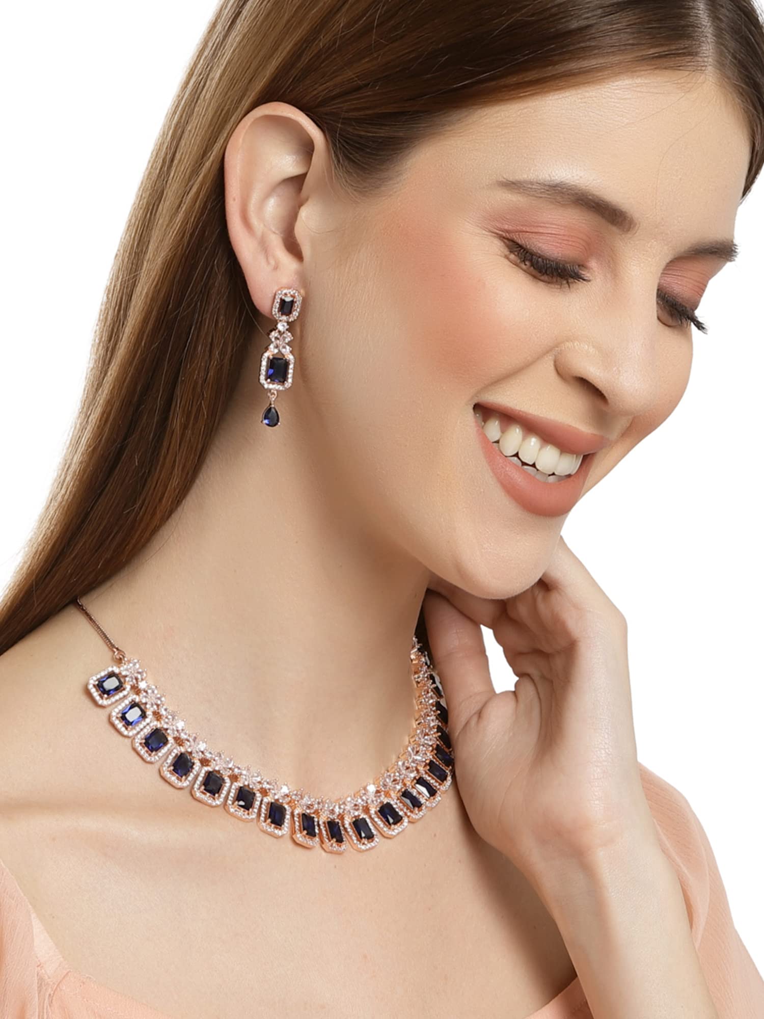 Rose Gold Plated Blue AD Necklace Set for Women - Elegant Jewelry Gift for Her, Birthday, Anniversary & Special Occasions