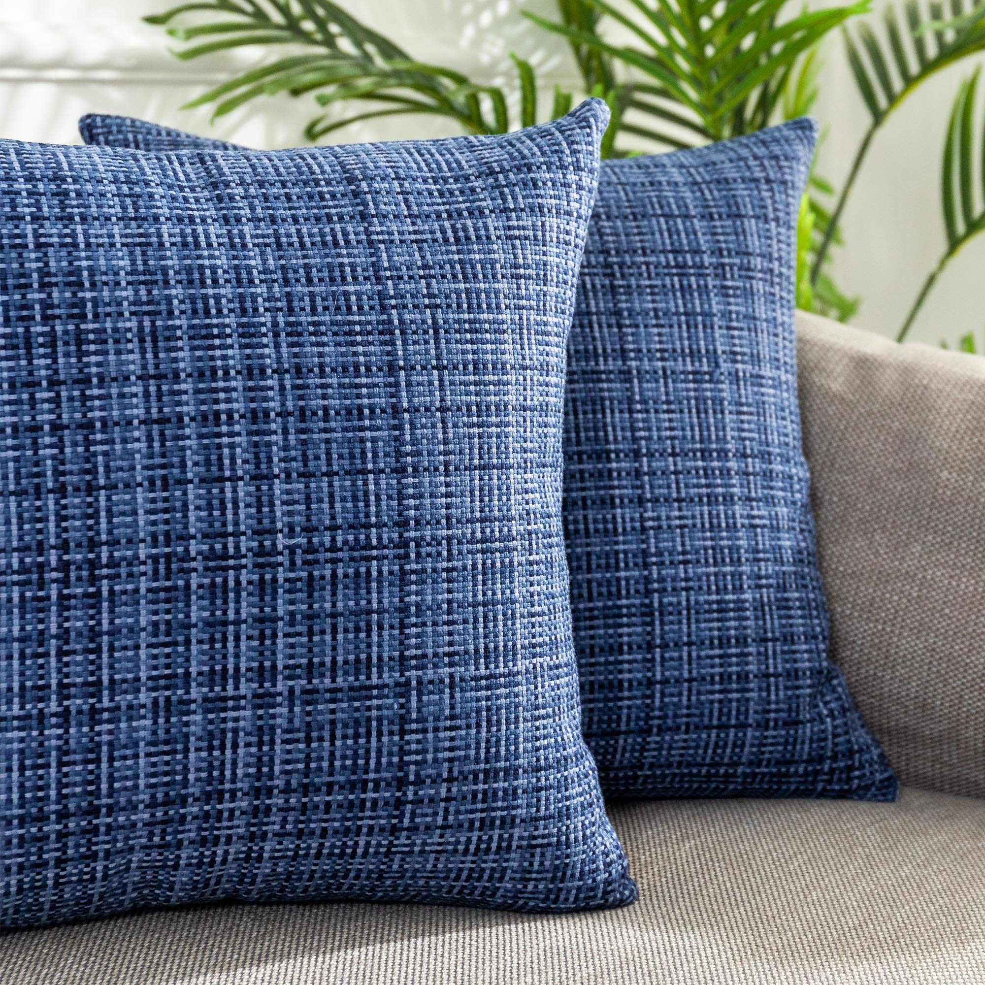Kevin Textile 2-Pack Waterproof Outdoor Decorative Pillow Covers - 18x18 Inch Navy Blue Stripe Square Cushion Cases for Patio, Couch, Bench - Weatherproof & UV Resistant for Garden, Poolside & Porch Use