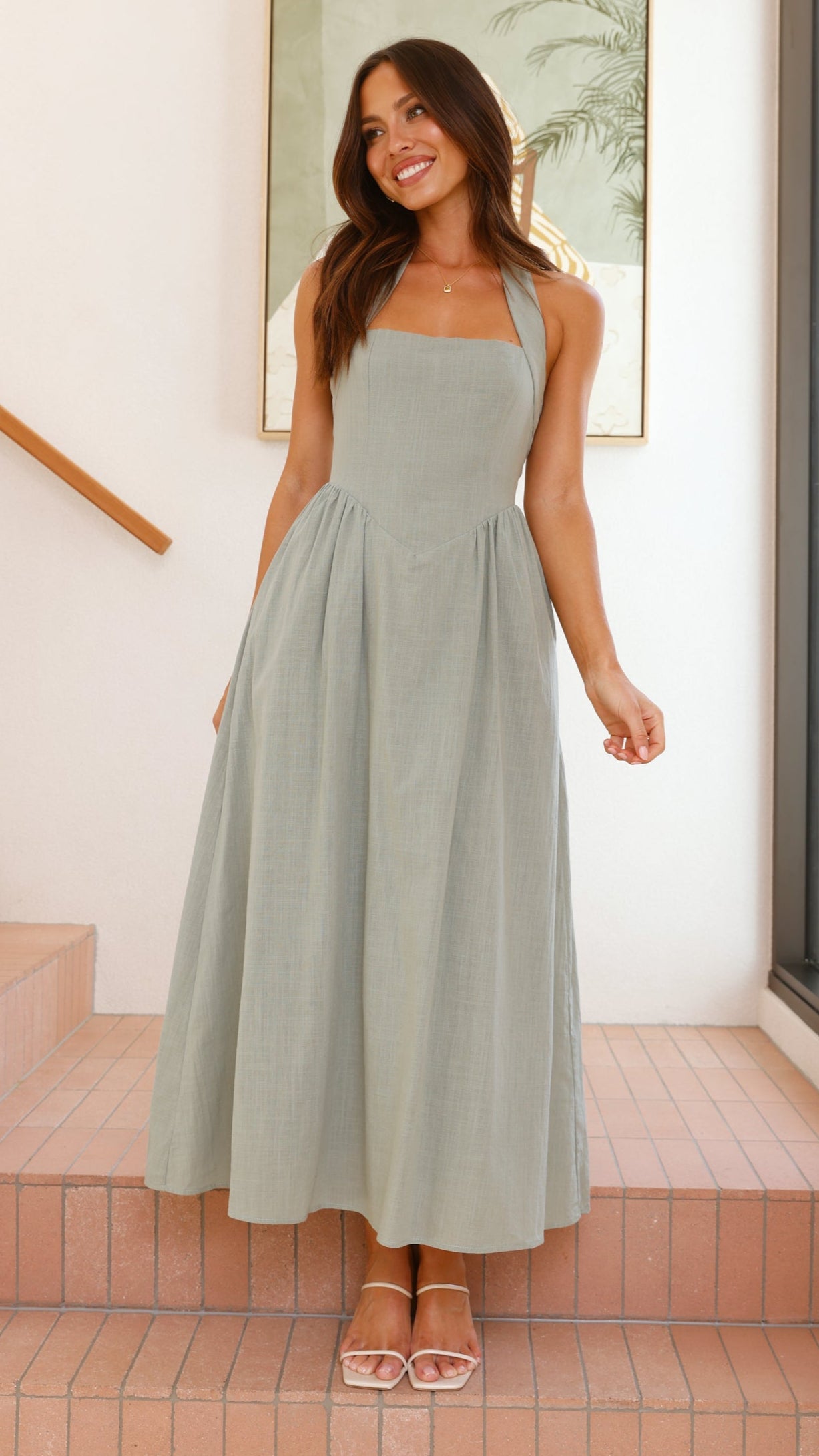 Caden Maxi Dress for Women - Flowy Long Boho Summer Dress in Sage Green | Perfect for Beach, Vacation & Casual Outings