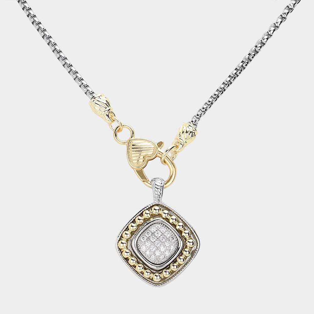 14K Gold Plated CZ Two Tone Square Pendant Necklace for Women - Elegant Cubic Zirconia Jewelry Gift for Birthday, Anniversary & Valentine's Day - Perfect for Party, Wedding & Everyday Wear