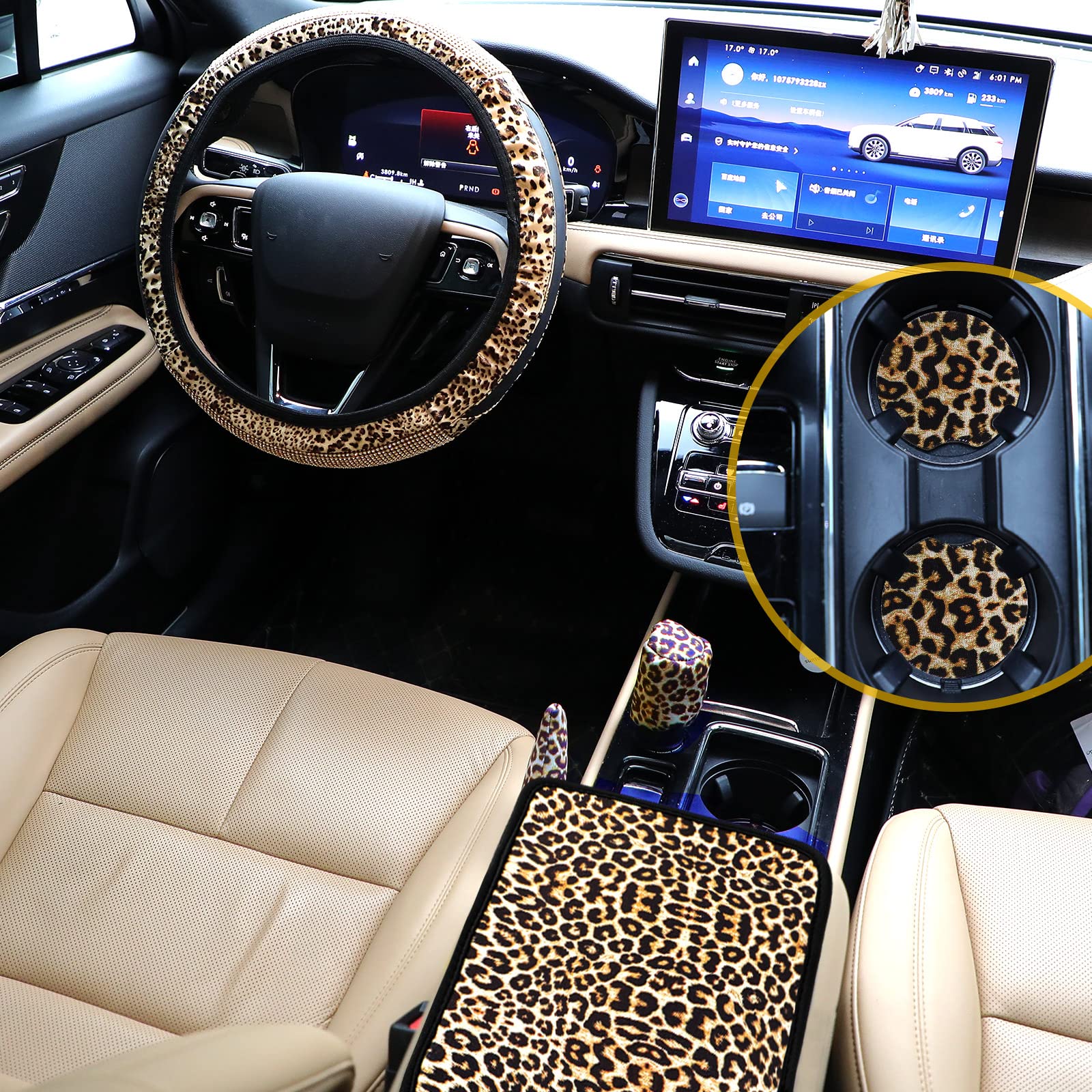 Tallew 10-Piece Leopard Print Car Accessories Set - Cheetah Print Steering Wheel Cover, Seat Belt Pads, License Plate Frame, Armrest Covers & Cup Holders for SUV, Truck - Stylish & Durable Interior Upgrade for Women & Men