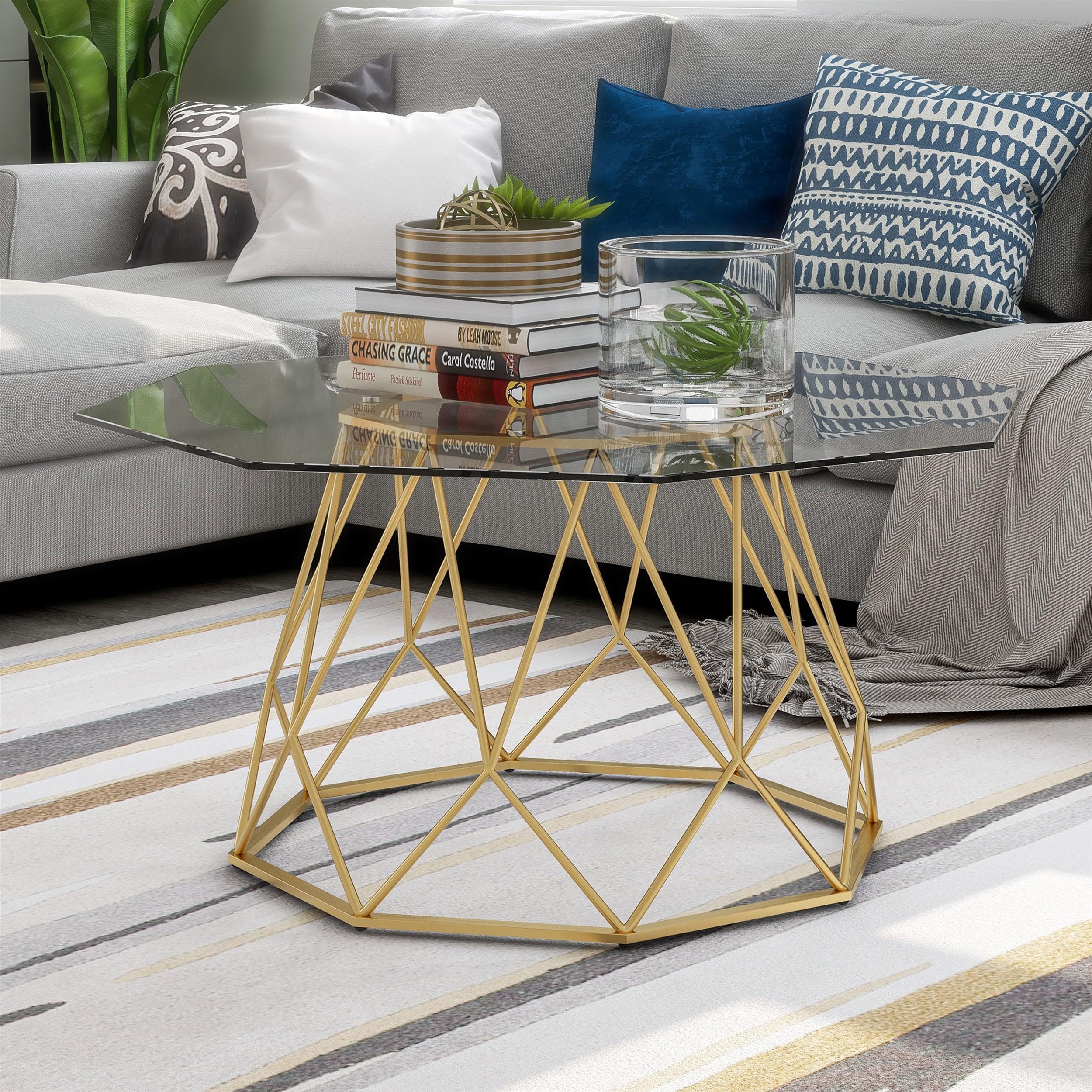 Modern Gold Glass Top Coffee Table - Contemporary Living Room Furniture for Home & Office | Stylish Centerpiece for Lounge, Living Space & Reception Areas