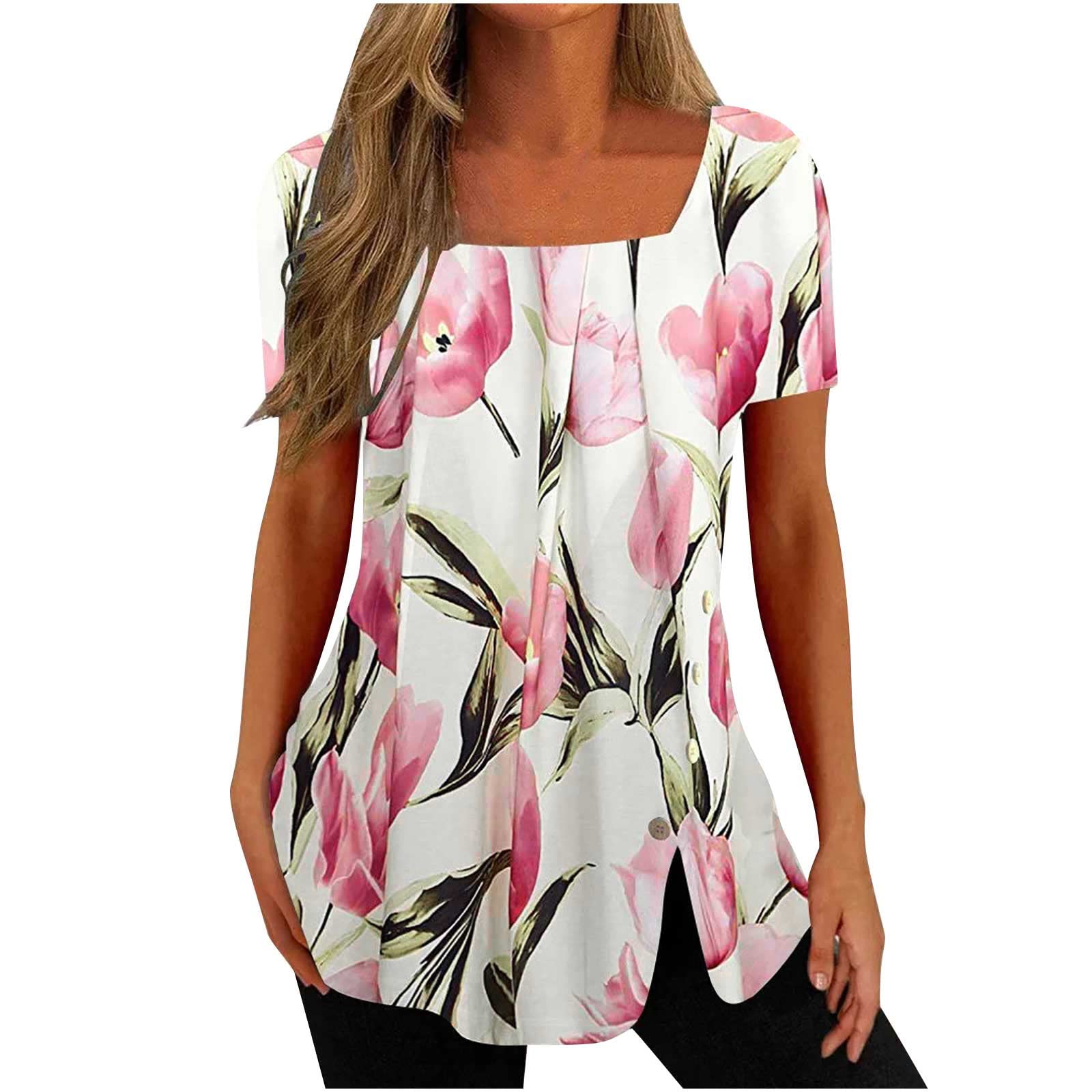 Stylish Women's Floral Print Square Neck Short Sleeve T-Shirt & Tunic Top - Casual & Dressy Split Hem Blouse for Everyday Wear, Office, and Date Nights