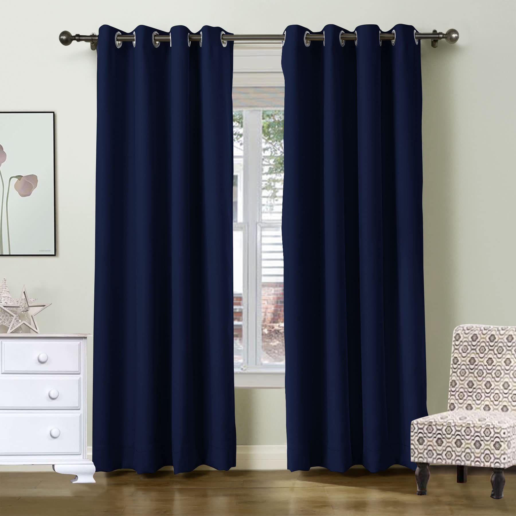 Frelement 100 Inch Wide Blackout Curtains - Thermal Insulated Room Darkening Drapes with Grommet Top for Bedroom, Living Room & Office - Noise Reducing Energy Saving Window Treatment, Navy Blue, 100