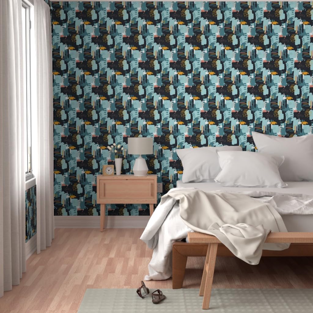 Commercial Grade Spoonflower Wallpaper Swatch - Large Painterly Blue & Gold Abstract Design with Paint Brush Motif | Perfect for Kids' Rooms, Nurseries & Modern Home Decor