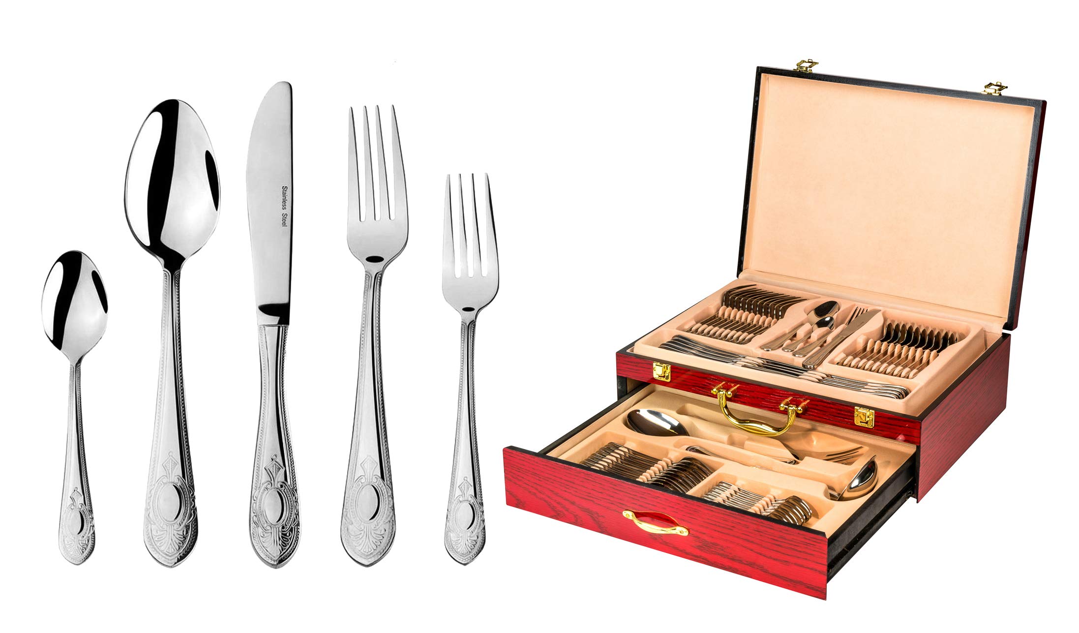 Premium 65-Piece Venezia Collection Flatware Set - 18/10 Stainless Steel Silverware for 12, Includes Hostess Serving Pieces & Wooden Storage Case (Luna) - Elegant Dinnerware for Formal Dining, Wedding Gifts & Luxury Entertaining