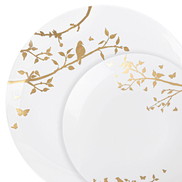 32-Pack White and Gold Round Plastic Dinnerware Set for 16 Guests - Elegant Disposable Plates, Cups, Forks, Knives & Spoons - Perfect for Weddings, Parties, BBQs & Outdoor Events