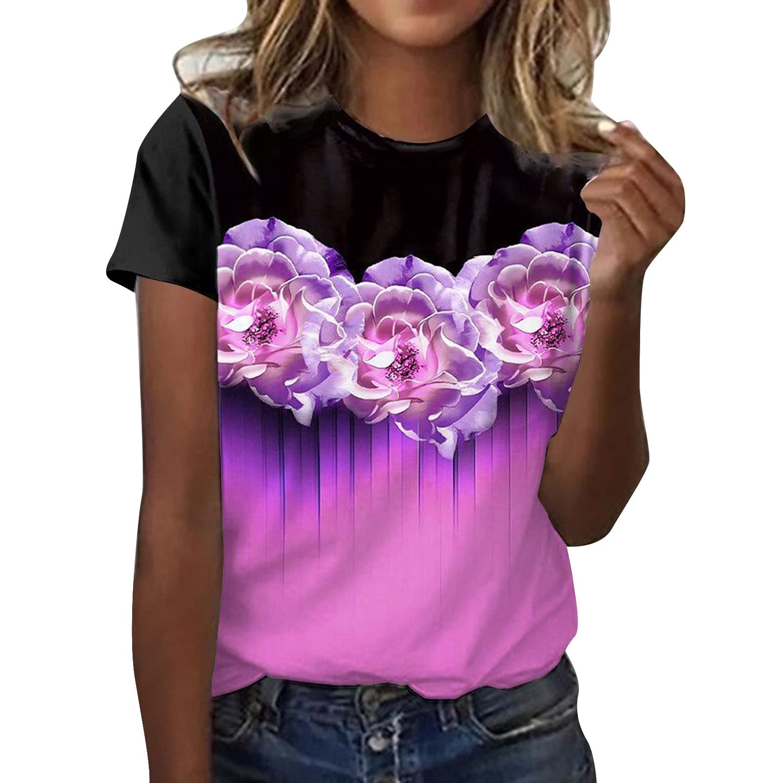 Women's Plus Size Floral Print Casual Long Sleeve T-Shirt - Black Scenic Neck Design for Everyday Wear & Fall Fashion Outfits