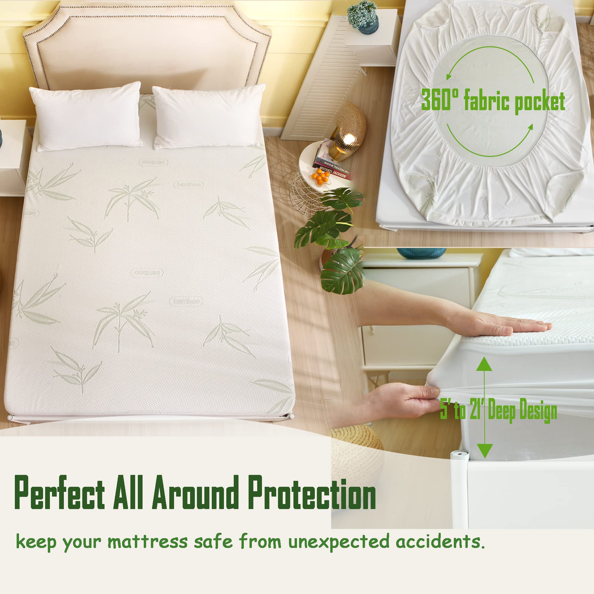 King Size Waterproof Mattress Protector - Premium Cooling Bamboo Viscose Mattress Pad | Breathable, Noiseless & Machine Washable | 21