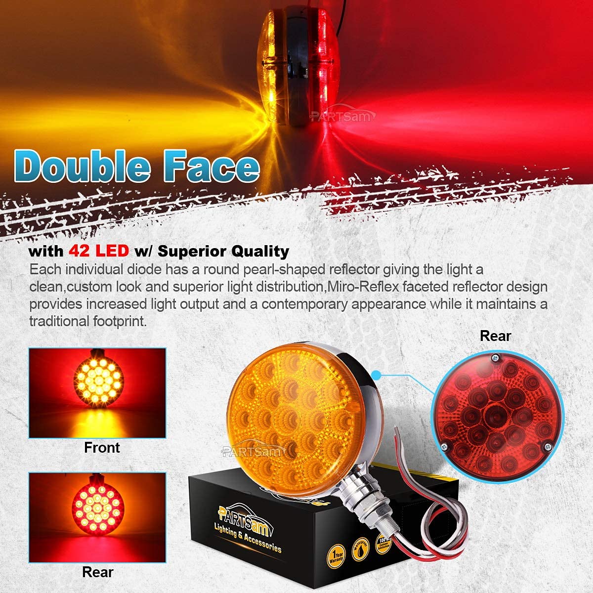 Partsam 2Pcs Round & 2Pcs Square LED Truck Pedestal Lights Kit - Double Face Turn Signal Lights (42+52 LEDs) with Chrome Visor - Perfect for Semi Trucks, Trailers & Heavy Duty Vehicles