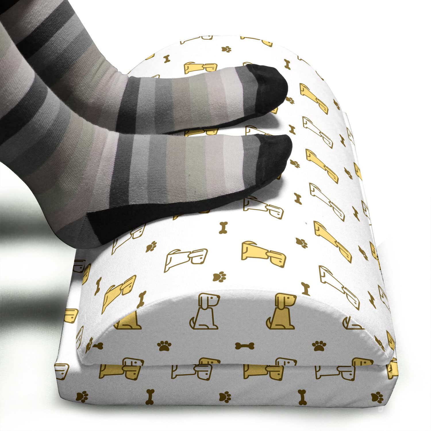 Ambesonne Paw Print Foot Rest - Adjustable Ergonomic Memory Foam Leg Support with Non-Slip Backing | Dog Paw & Bone Pattern in Mustard Fawn & White | Perfect for Office, Home & Gaming Comfort
