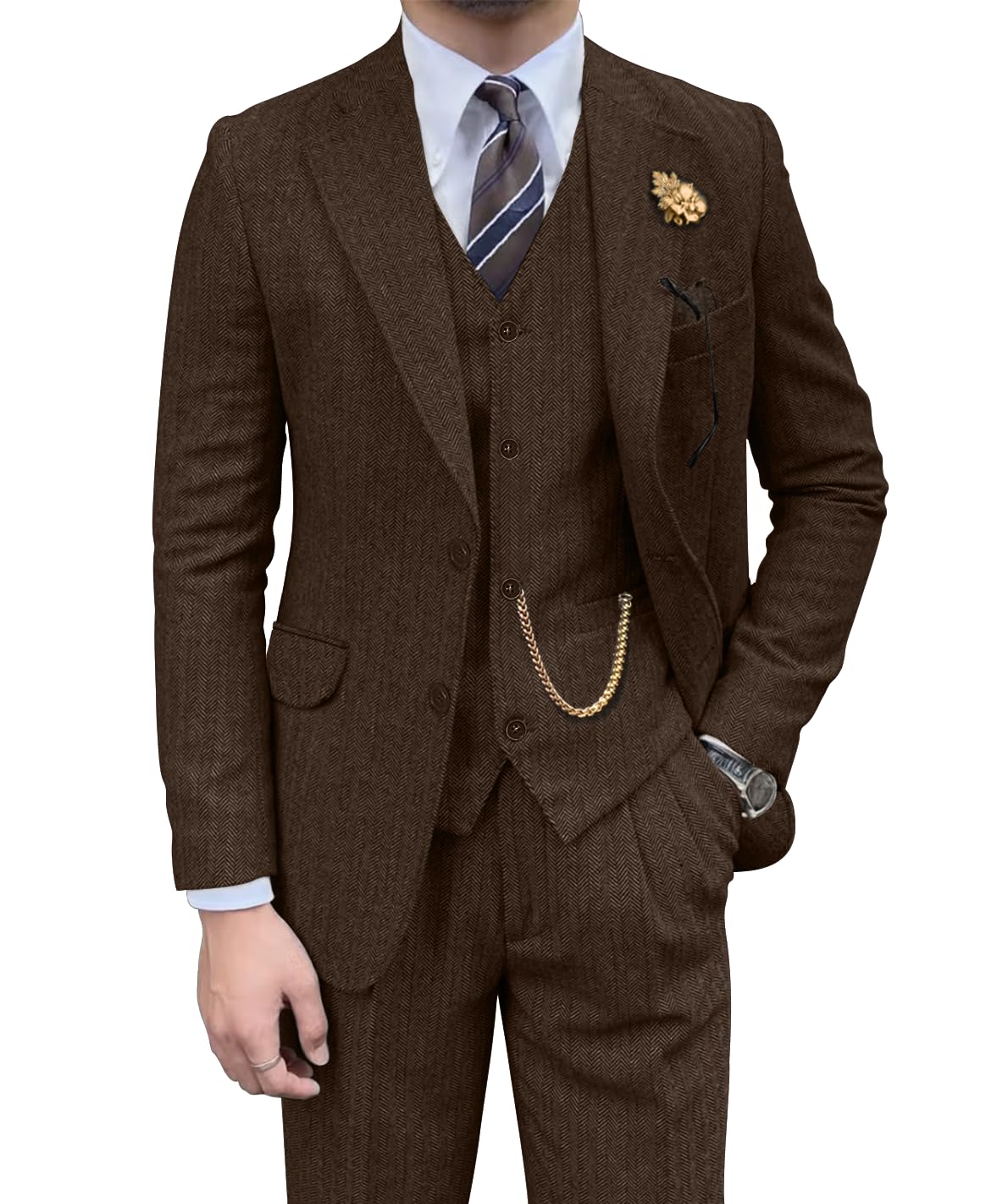 Vintage 3-Piece Tweed Herringbone Slim Fit Suit Set for Men - Brown Formal Blazer, Vest & Pants - Groomsmen, Prom, Wedding & Business Attire