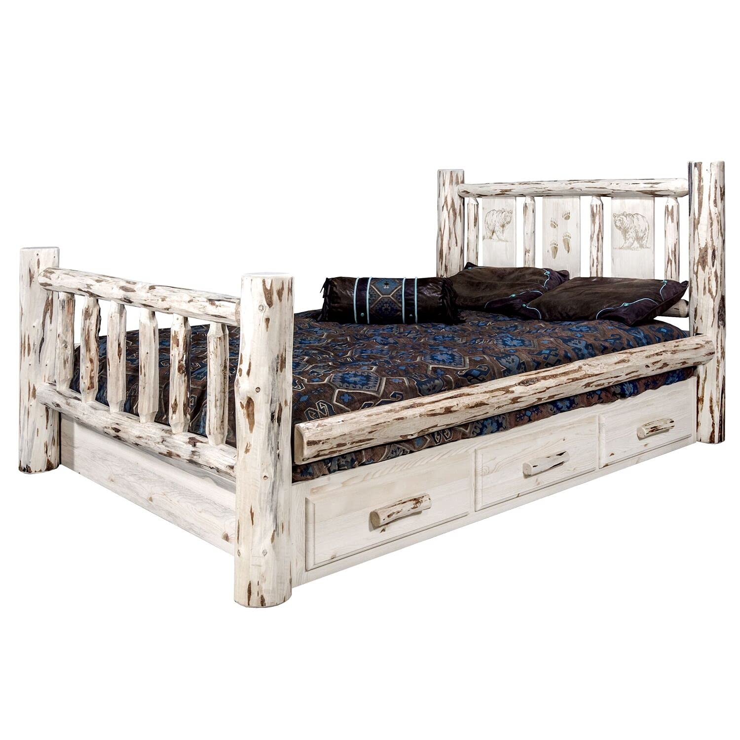 Montana Collection Twin Storage Bed with Laser Engraved Pine Design - Unfinished Wood Bed Frame with Underbed Drawers for Kids & Teens Bedroom, Dorm Room Furniture