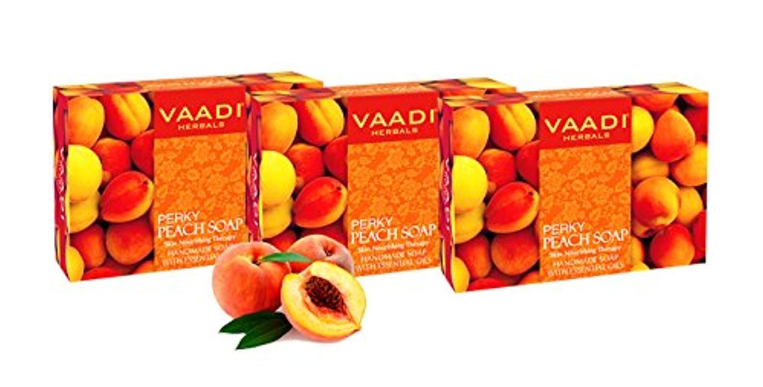 Vaadi Herbals Perky Peach Soap with Almond Oil - 3 Pack (75g Each) | Natural Exfoliating & Moisturizing Body Soap for Soft Skin | Perfect for Daily Use, Gifts & Spa Days