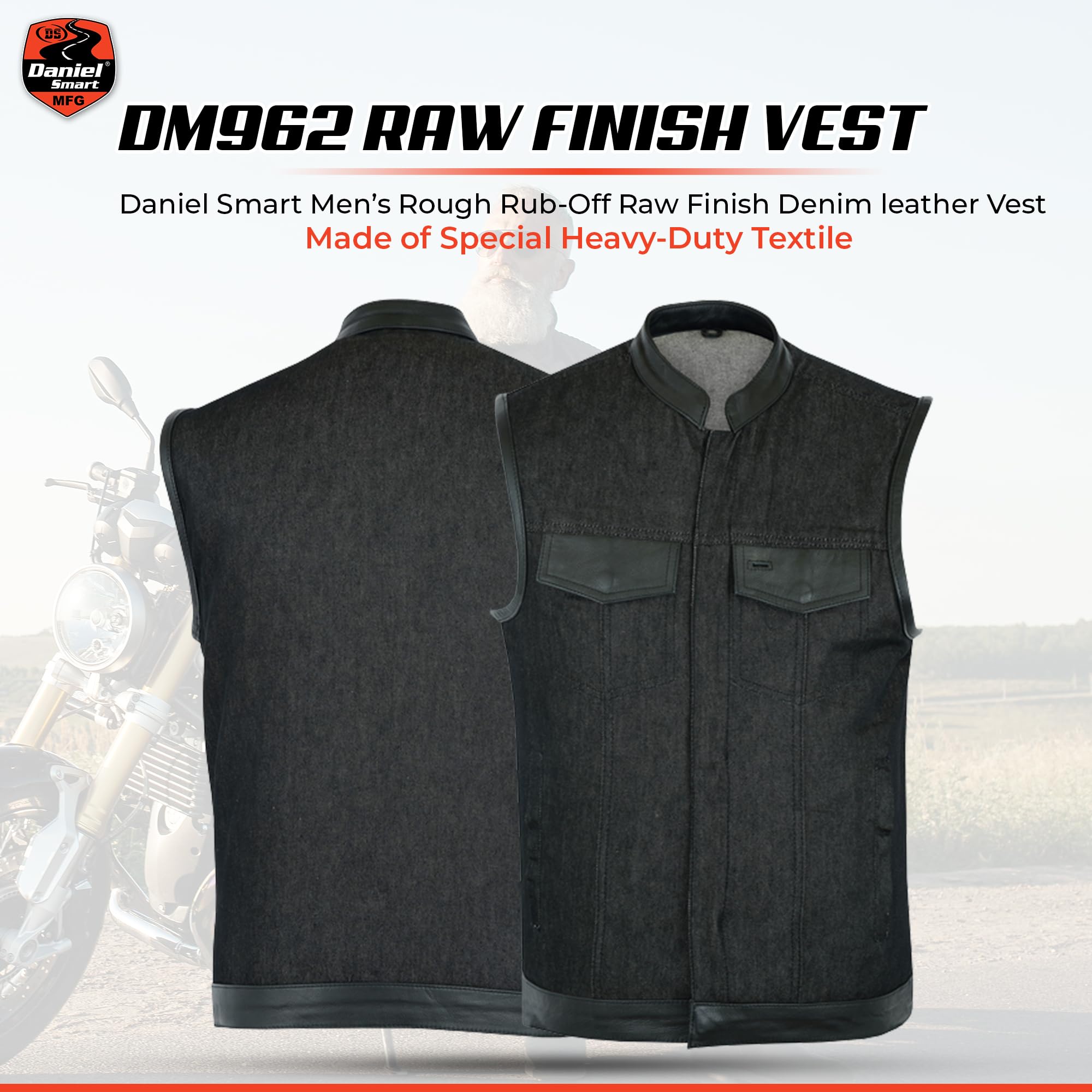Daniel Smart Biker Vest for Men - Black Denim Motorcycle Vest with Leather Trim & Hidden Weapon Pocket | Perfect for Riding, Outdoor Adventures & Concealed Carry