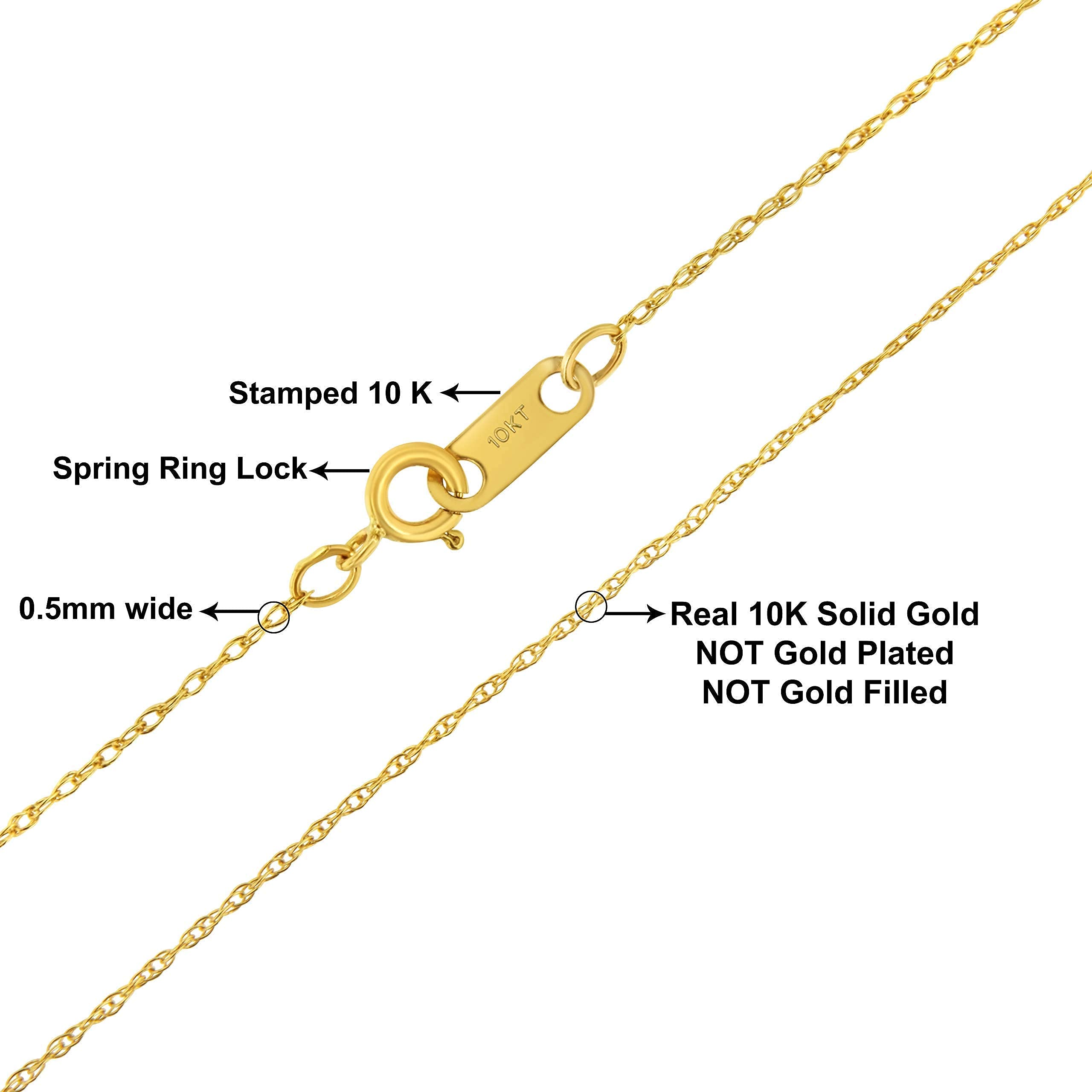 10K Solid Yellow Gold Dainty Rope Chain Necklace - 0.5mm Slim Unisex Cable Chain (16 Inches) for Everyday Wear, Layering & Gift Giving