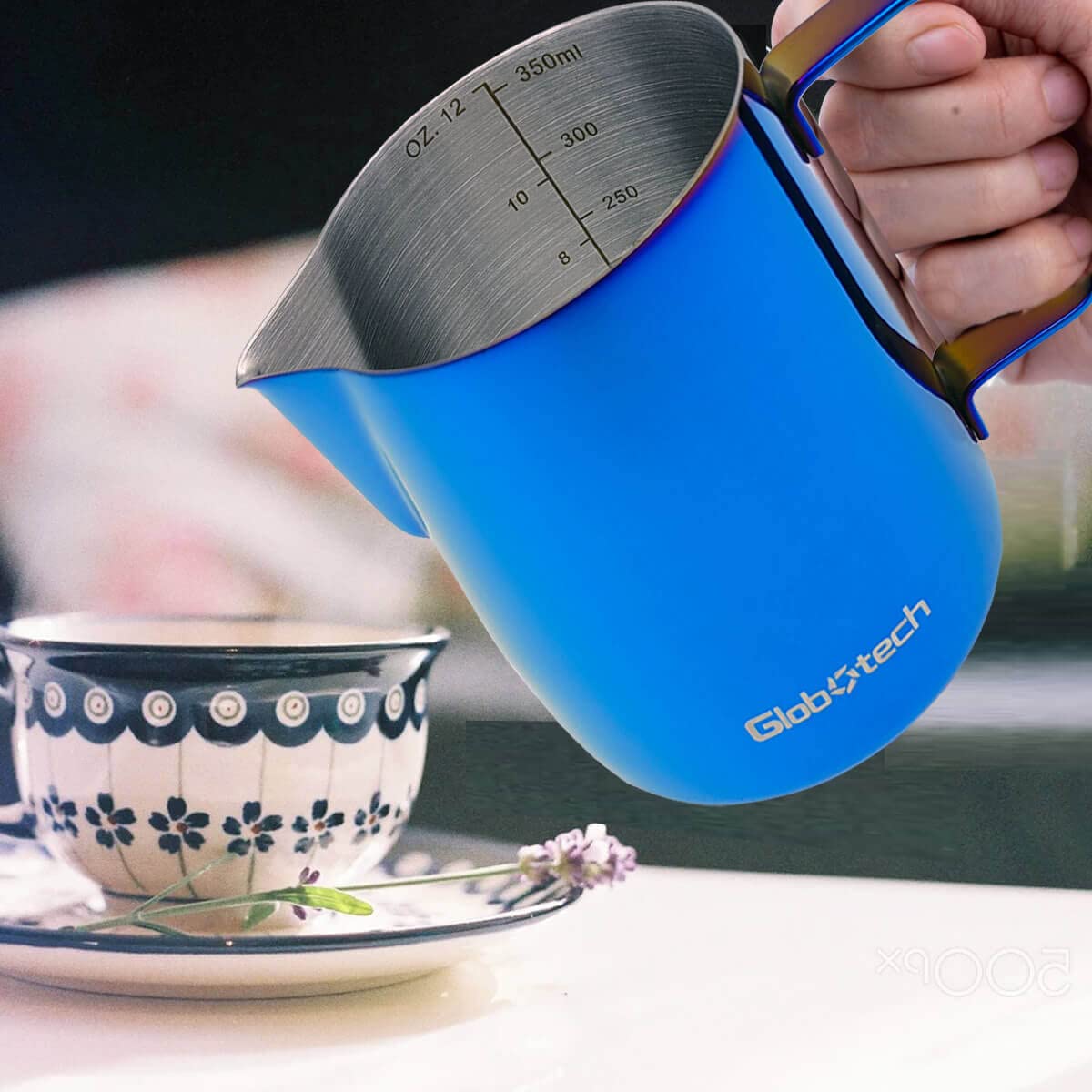 Stainless Steel Milk Frother Pitcher 12oz (350ml) - Barista Coffee Frothing Jug for Latte, Cappuccino & Espresso - Perfect for Home & Cafe Use - Blue