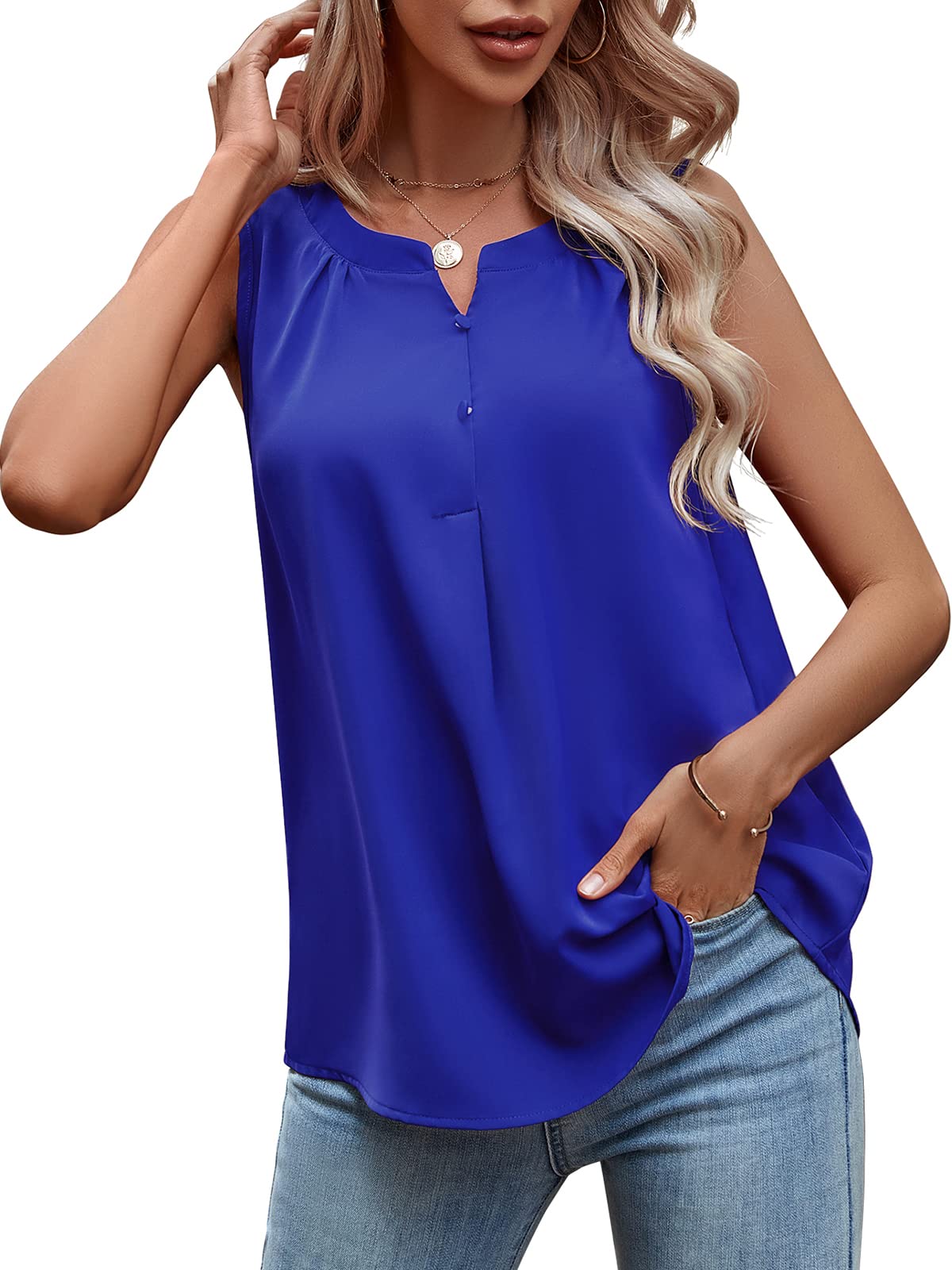 QUEZHU Women's Sleeveless Chiffon Blouse - Summer V-Neck Button Down Shirt for Work & Casual Wear | Lightweight Breathable Office Top, Perfect for Business Meetings, Date Nights and Weekend Outings