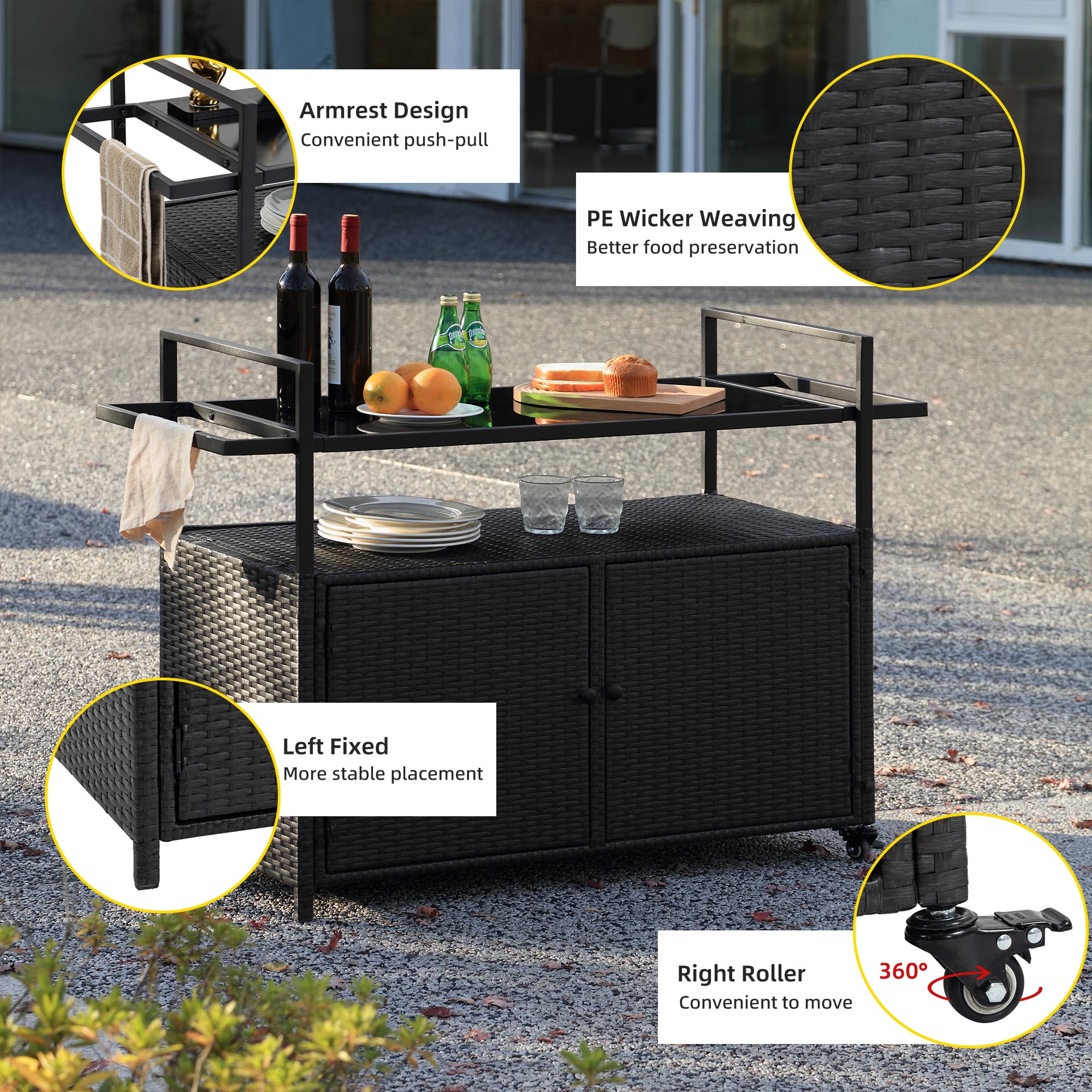 Outdoor Wicker Bar Cart with Glass Top - Rolling Portable Serving Table & Storage Cabinet for Wine, Patio, Porch, Backyard - Perfect for Poolside Parties & Outdoor Entertaining (Black)