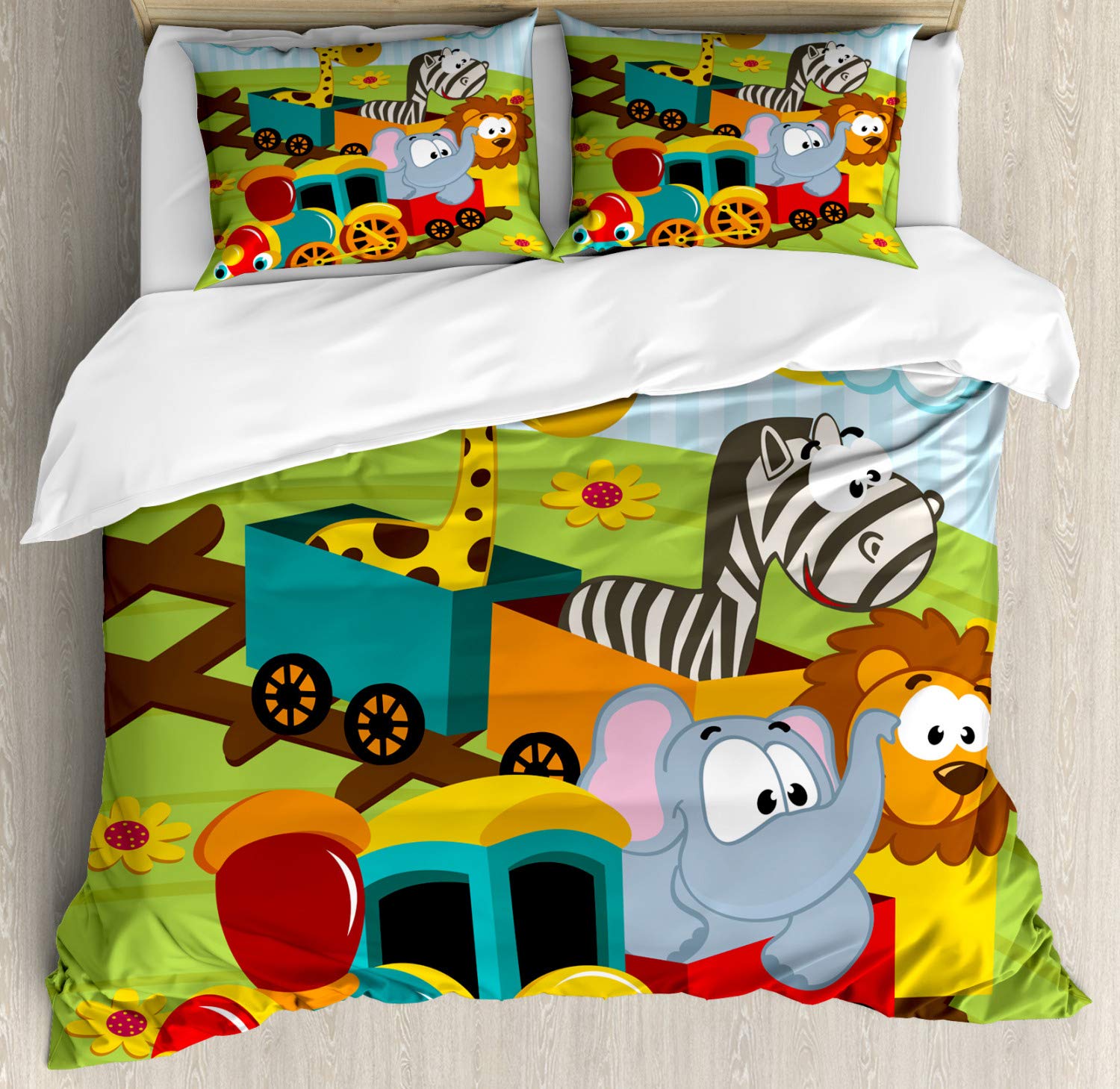 Ambesonne Animal Duvet Cover Set | Cartoon Savannah Wild Animals Train Design with Striped Backdrop | 3-Piece Bedding Set Includes 2 Pillow Shams | California King Size | Multicolor | Perfect for Kids' Rooms, Jungle Themed Bedrooms & Unique Home Decor