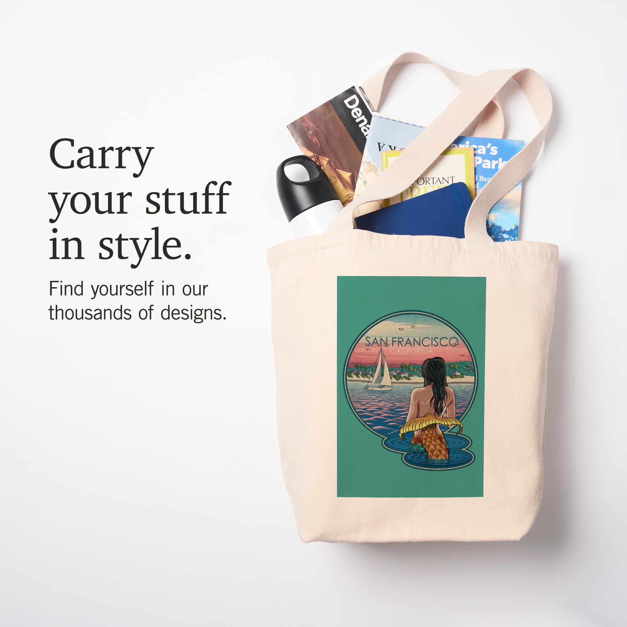 Lantern Press San Francisco California Mermaid Beach Woodblock Print - 100% Cotton Canvas Reusable Tote Bag for Shopping, Beach Trips & Eco-Friendly Lifestyle