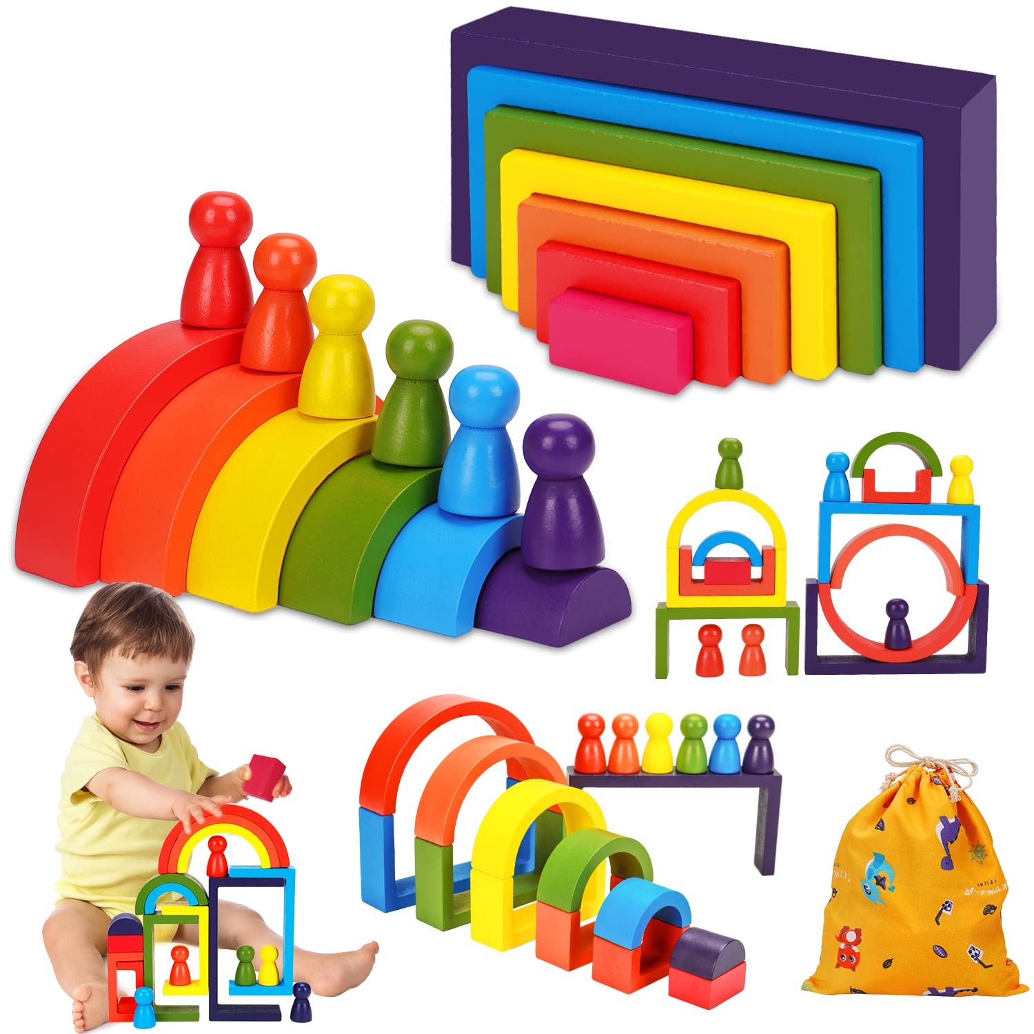 **Montessori Wooden Rainbow Stacking Blocks - STEM Educational Toys for Toddlers Ages 1-4, Open-Ended Sensory Building Games for Boys & Girls - Perfect for Preschool Learning, Creative Play & Gift Ideas**    *(Ideal for Montessori classrooms, daycare centers, home playrooms, and birthday gifts for toddlers!)*