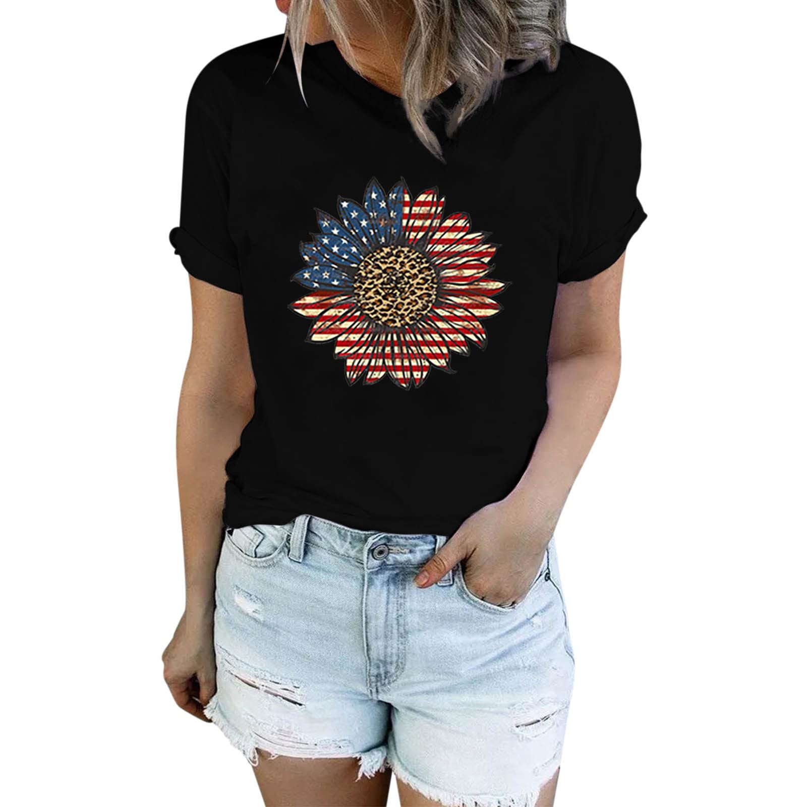 Women's Summer Tops - 4th of July Patriotic Short Sleeve T-Shirts | Casual Loose Fit Crew Neck Tee with Printed Design | Perfect for Independence Day Celebrations, BBQ Parties & Summer Outfits