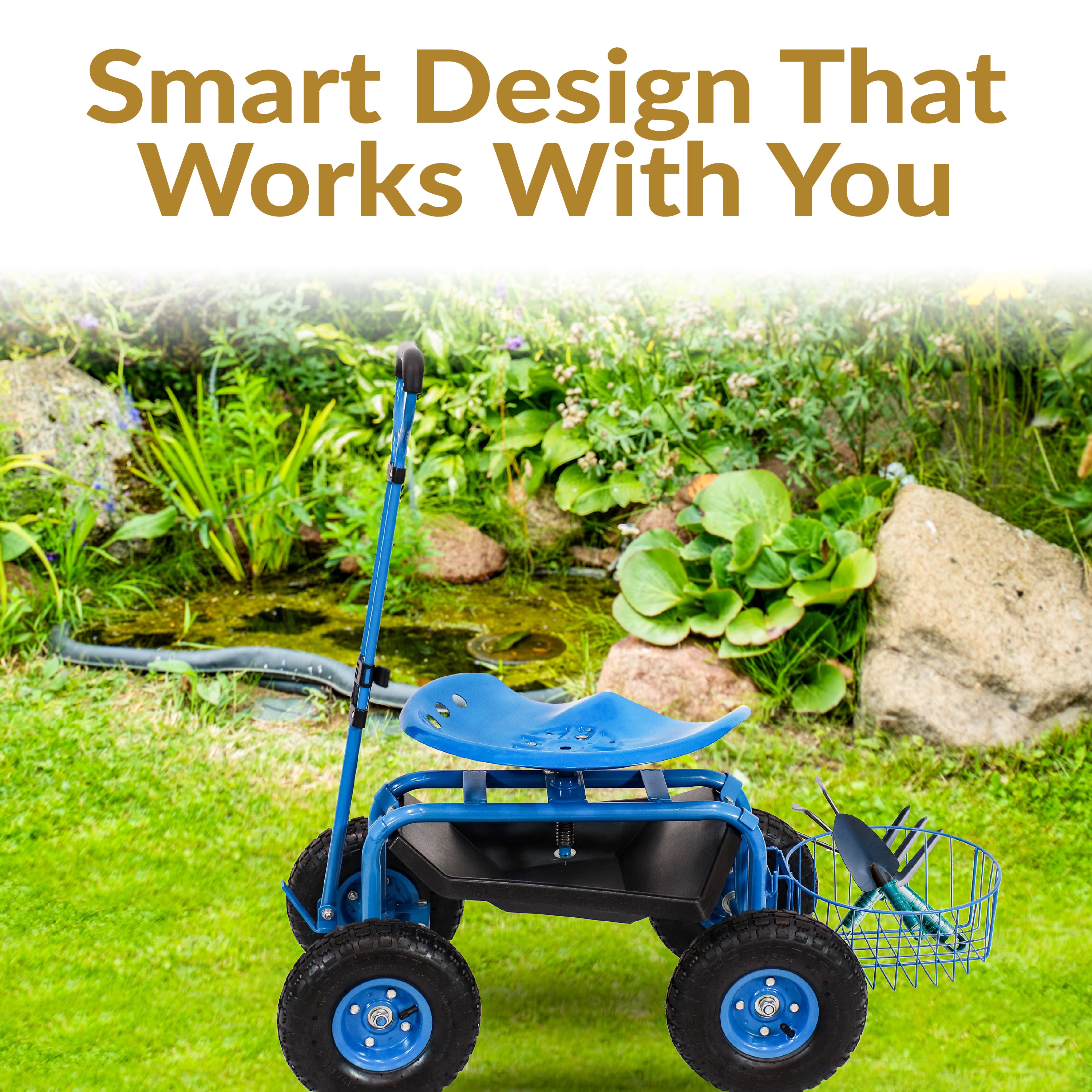 Sunnydaze Rolling Garden Cart with Swivel Seat, Handle & Basket - Heavy Duty Outdoor Utility Wagon for Gardening, Landscaping & Yard Work