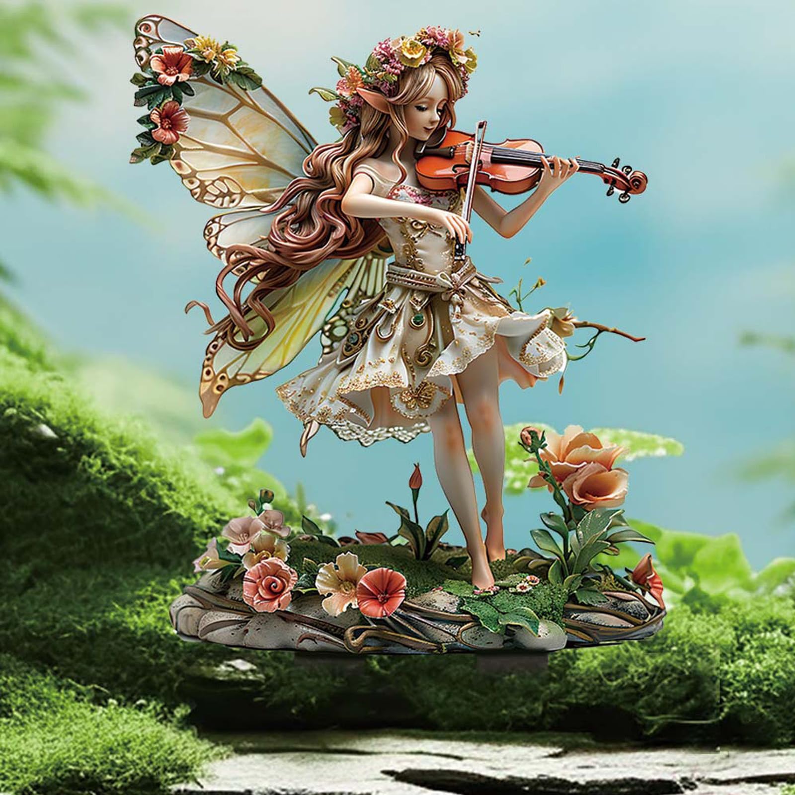 Bohemian Fairy Garden Planter - Violin Flower Fairy Figurine with Weather-Resistant Acrylic Ground Insert | Perfect for Outdoor Gardens, Patio Decor & Whimsical Fairy Tale Displays (Purple)