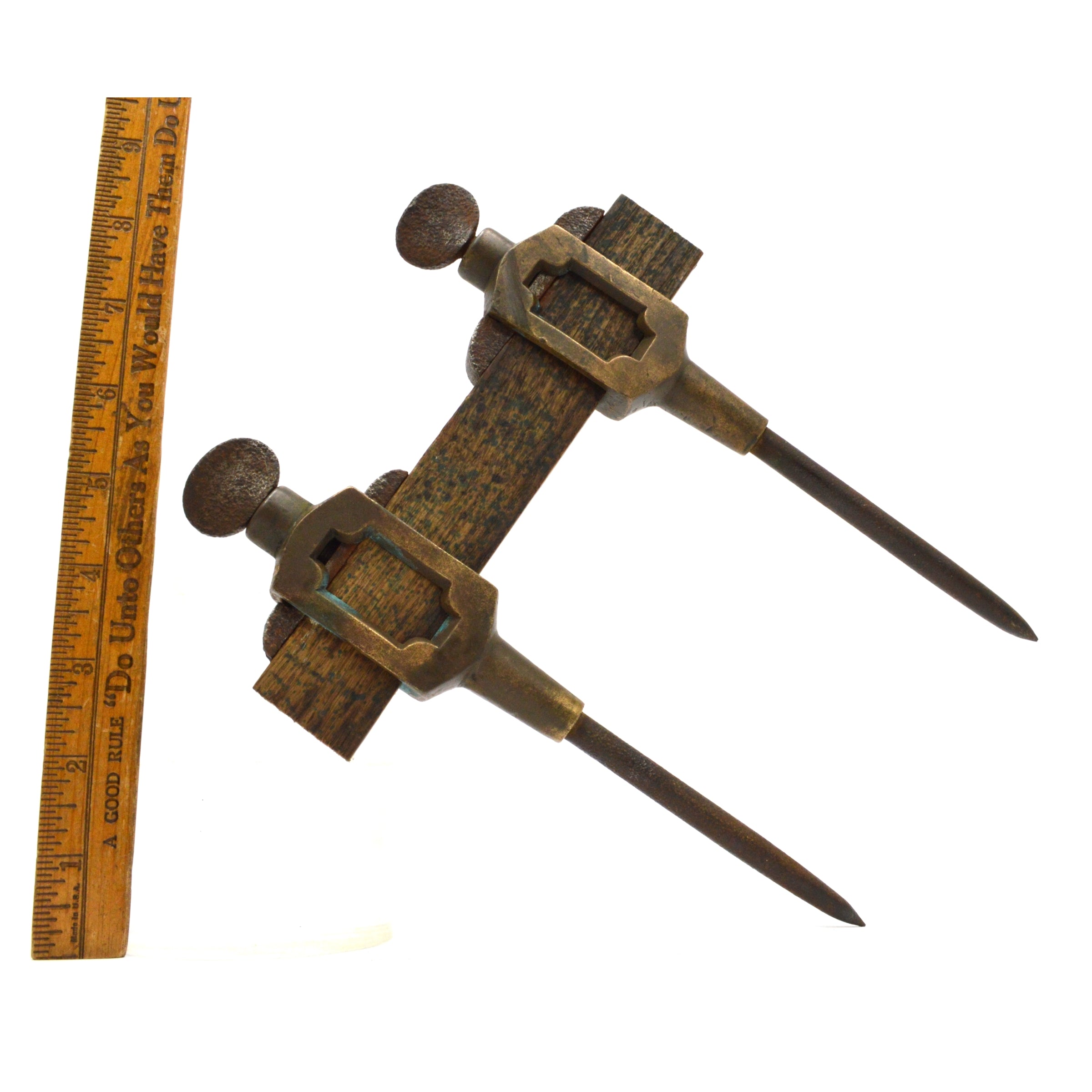 Antique 19th Century Brass & Gunmetal Trammel Points for Hardwood Beam Compass - Vintage Woodworking Tools for Carpentry & Drafting