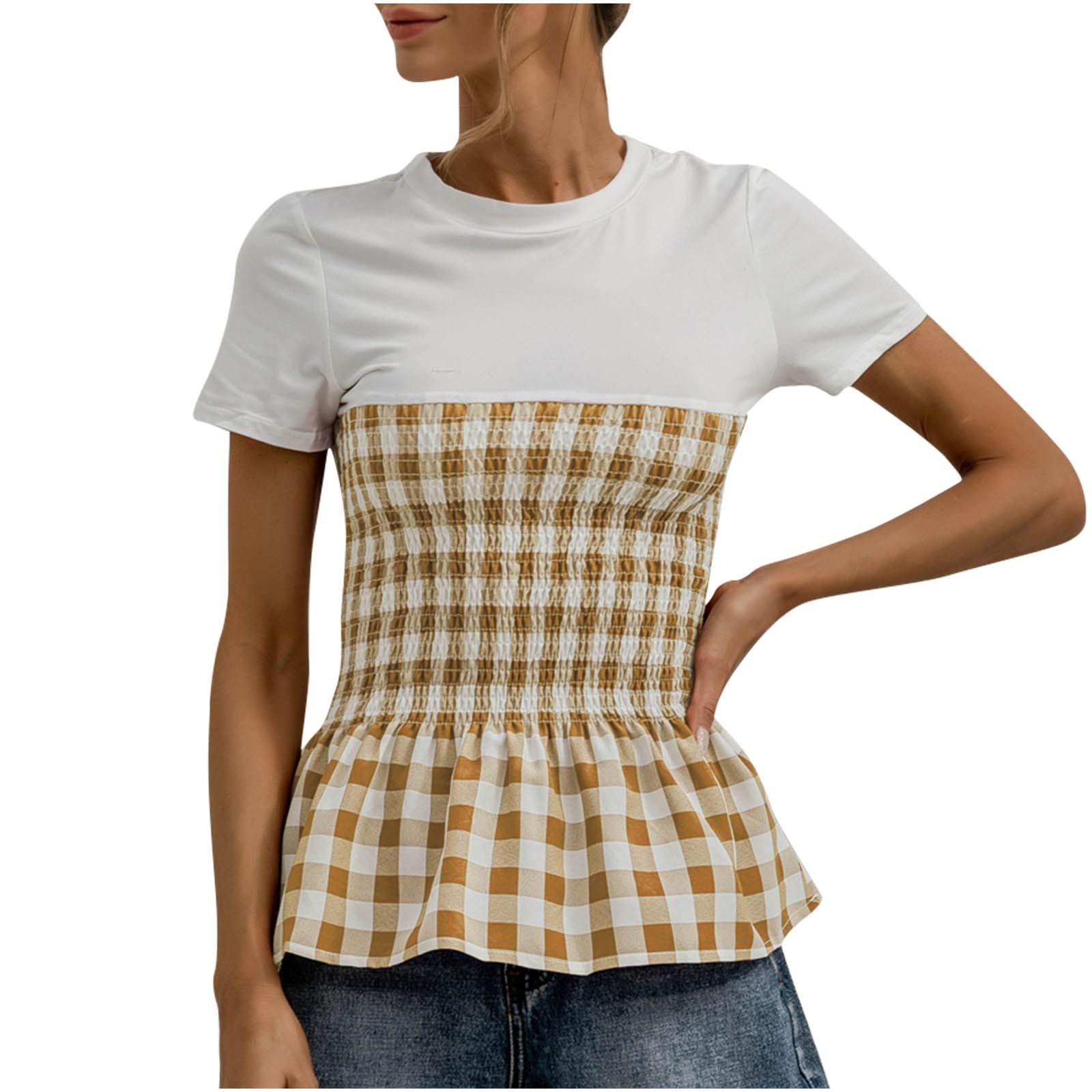 Women's Summer Smocked Peplum T-Shirt - Cute Short Sleeve Crewneck Top with Trendy Plaid Print & Ruffles | Perfect for Casual Outings, Beach Vacations & Summer Date Nights