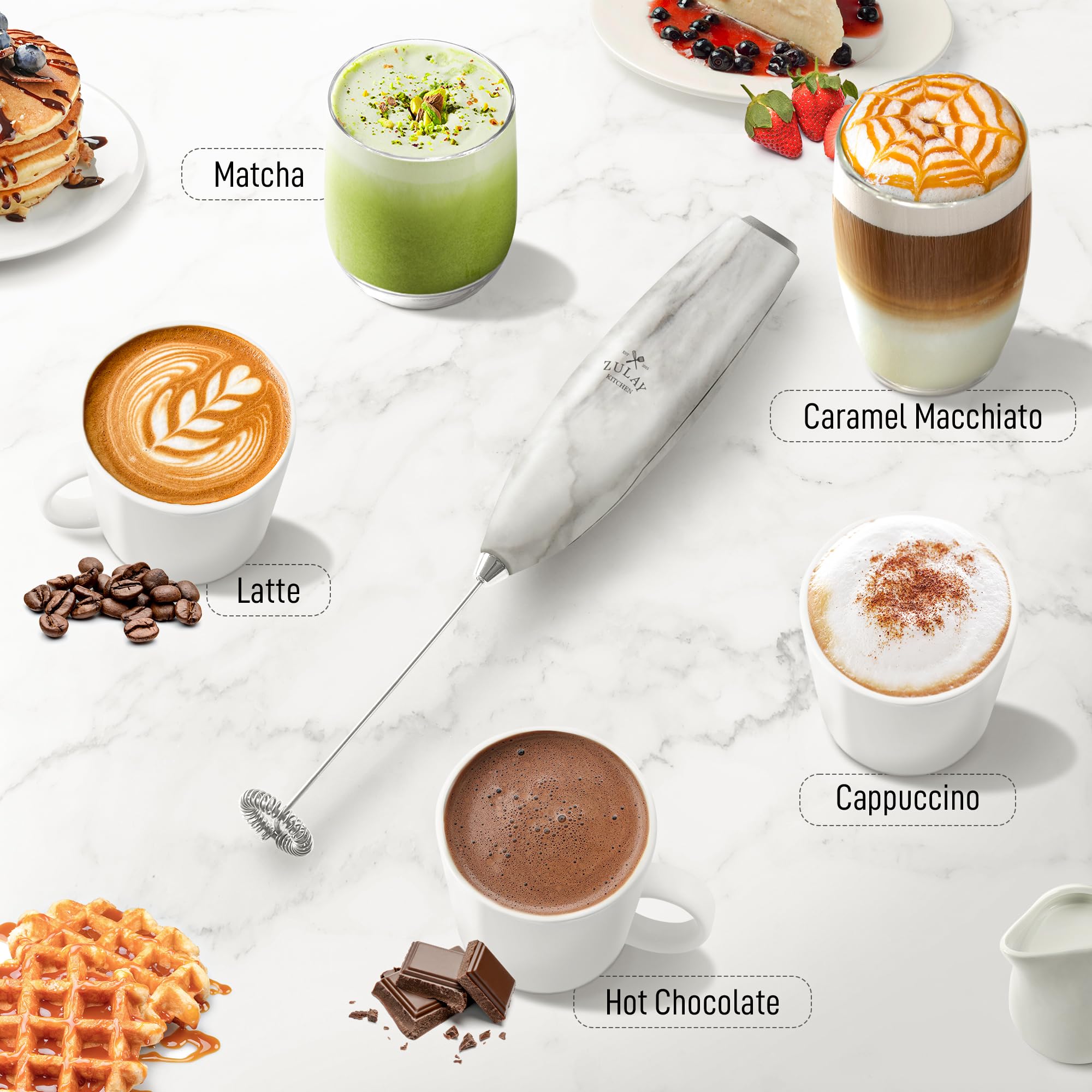 Zulay Premium Electric Milk Frother for Coffee, Latte, Cappuccino & Matcha - Powerful Handheld Frother with High-Speed Motor, Mini Mixer & Whisk for Perfect Foam - Ideal for Home, Office & Coffee Shops (Marble Design)