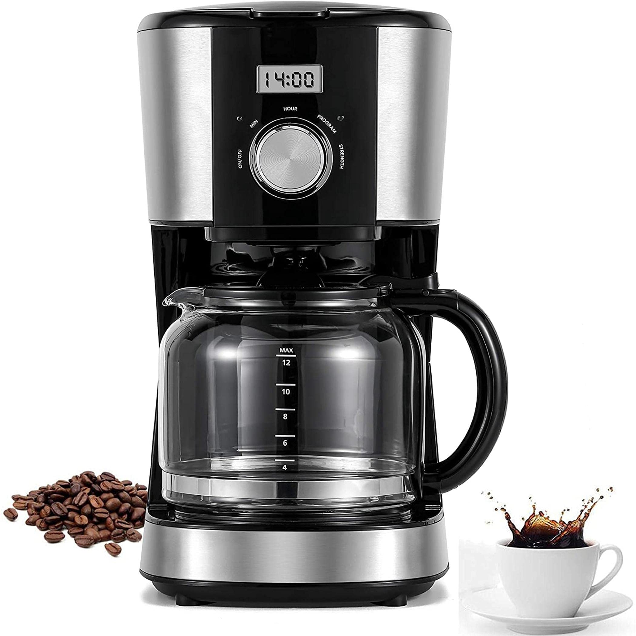 12 Cup Programmable Drip Coffee Maker with Reusable Filter - Multiple Brew Strength & Keep Warm Function - Clear Water Level Window - Perfect for Home, Office or Restaurant Use