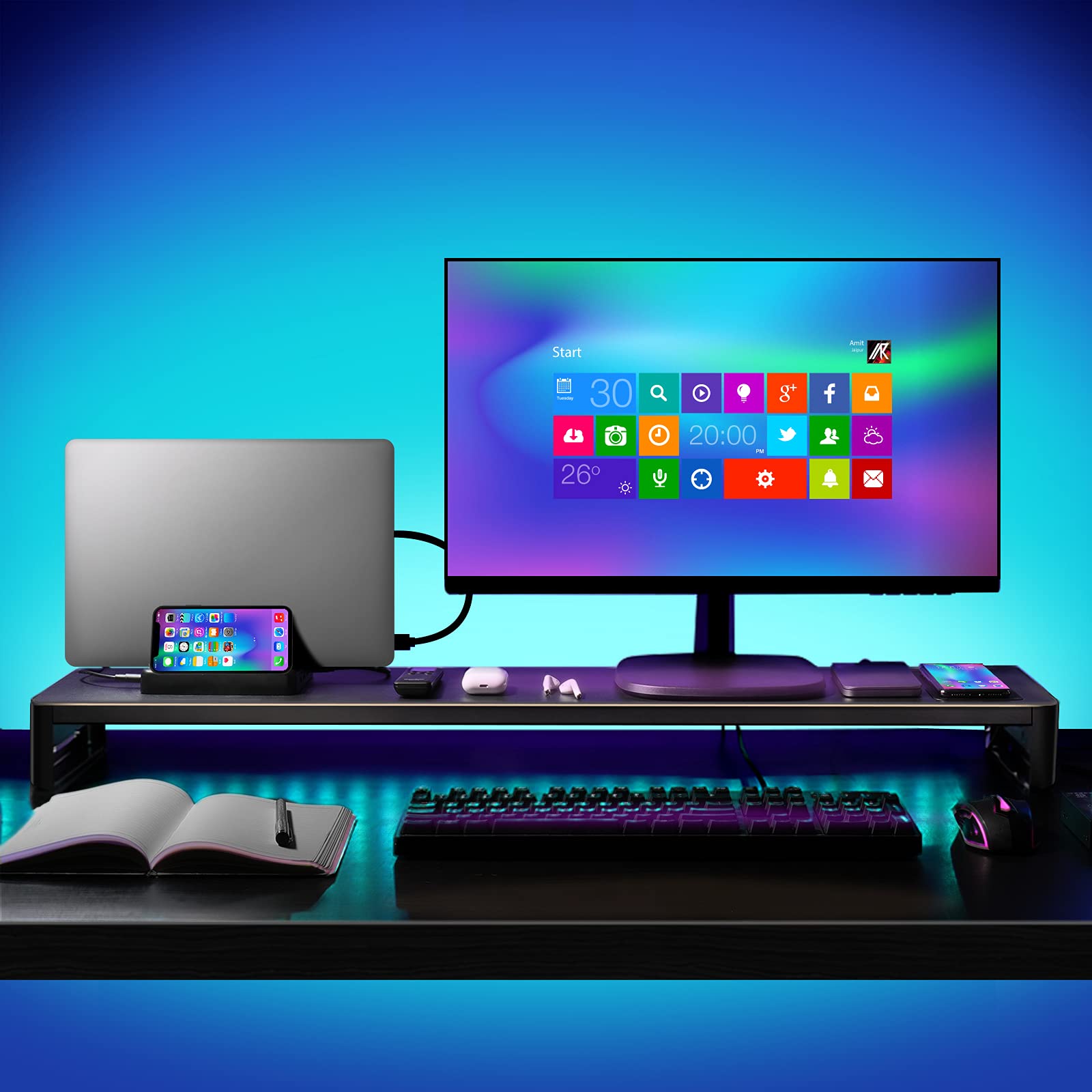VAYDEER Dual Monitor Stand Riser - Heavy Duty Aluminum Desk Mount for 2 Computer Screens, Adjustable Monitor Shelf for PC/Laptop (Black, 38.58x7.87x3.54 inch) - Perfect for Home Office, Gaming Setup & Workspace Organization