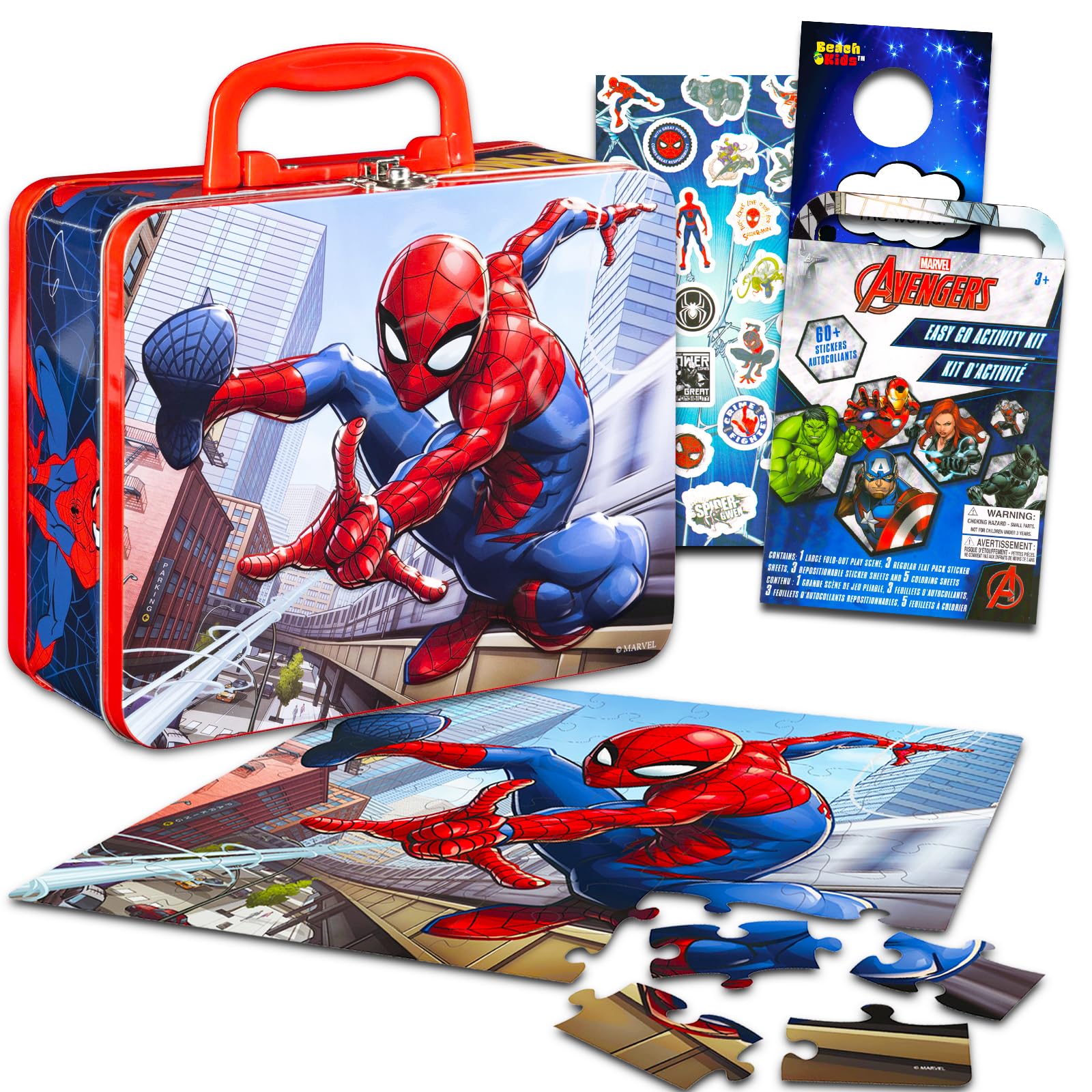Marvel Spiderman Puzzle Set - 4pc Tin Lunch Box & 48pc Puzzle for Kids | Spiderverse Toys & Games