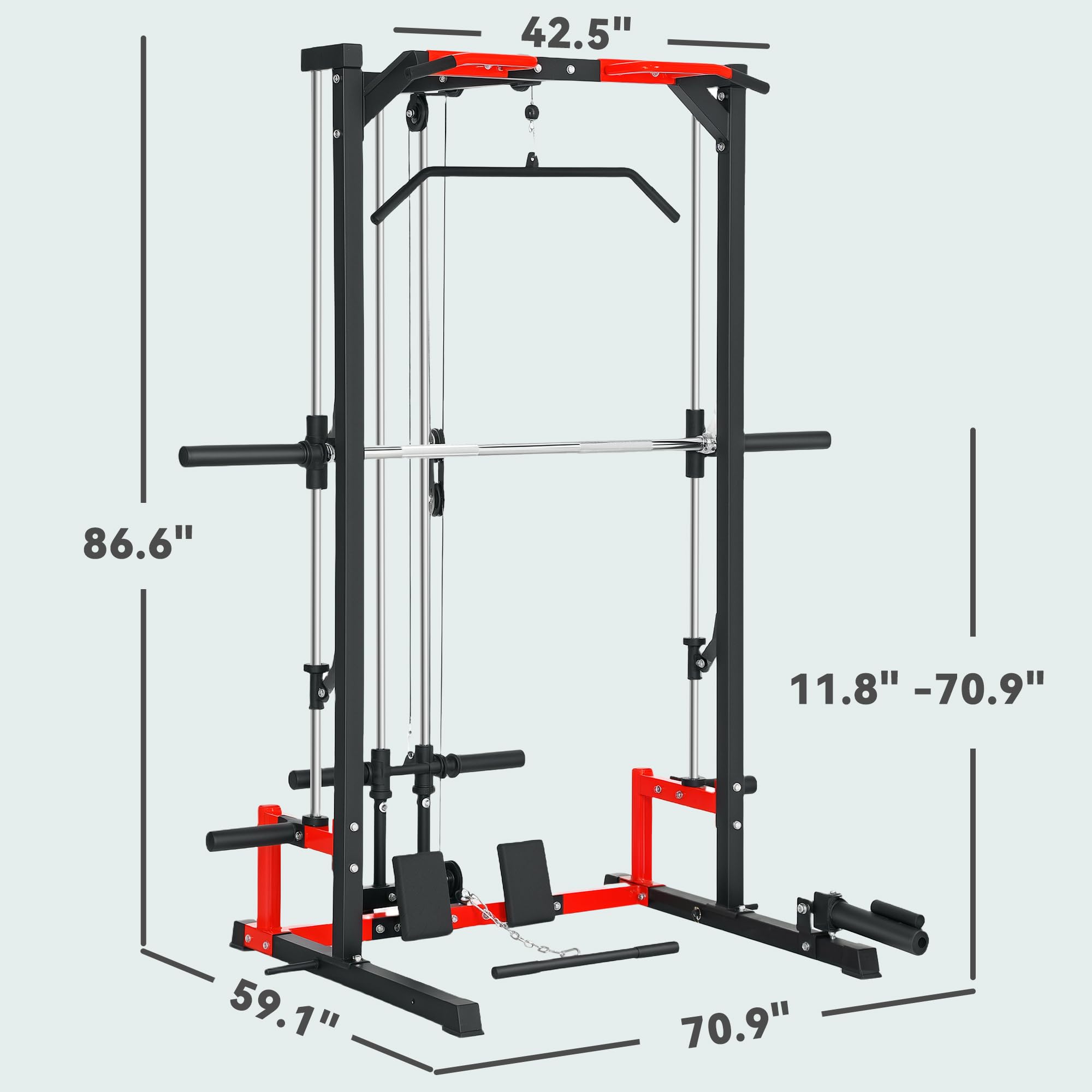 Soozier Power Cage Smith Machine - Multi-Function Home Gym Power Rack with Pull Up Bar, LAT Pull Down System, Squat Rack, Barbell Bar & Landmine Attachment - Perfect for Strength Training, Weight Lifting & Full Body Workouts at Home