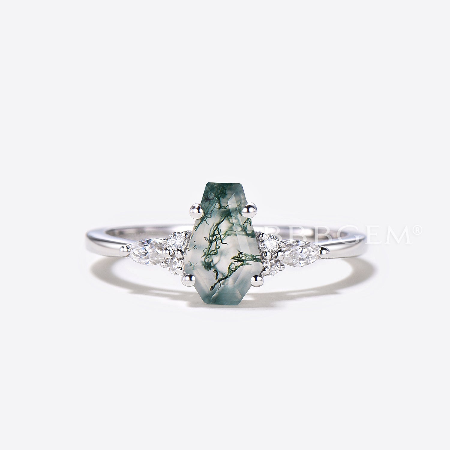 Celtic Coffin Cut Natural Moss Agate Engagement Ring - Moon Diamond Wedding Band for Women - Perfect for Proposals, Anniversaries & Romantic Occasions