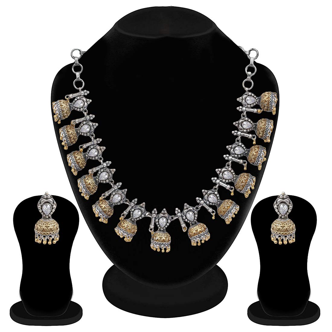 Antique German Silver Plated Dual Tone Oxidized Choker Necklace & Earrings Set with Blue Kundan Stones | Elegant Jewelry Gift for Women | Perfect for Weddings, Parties & Special Occasions