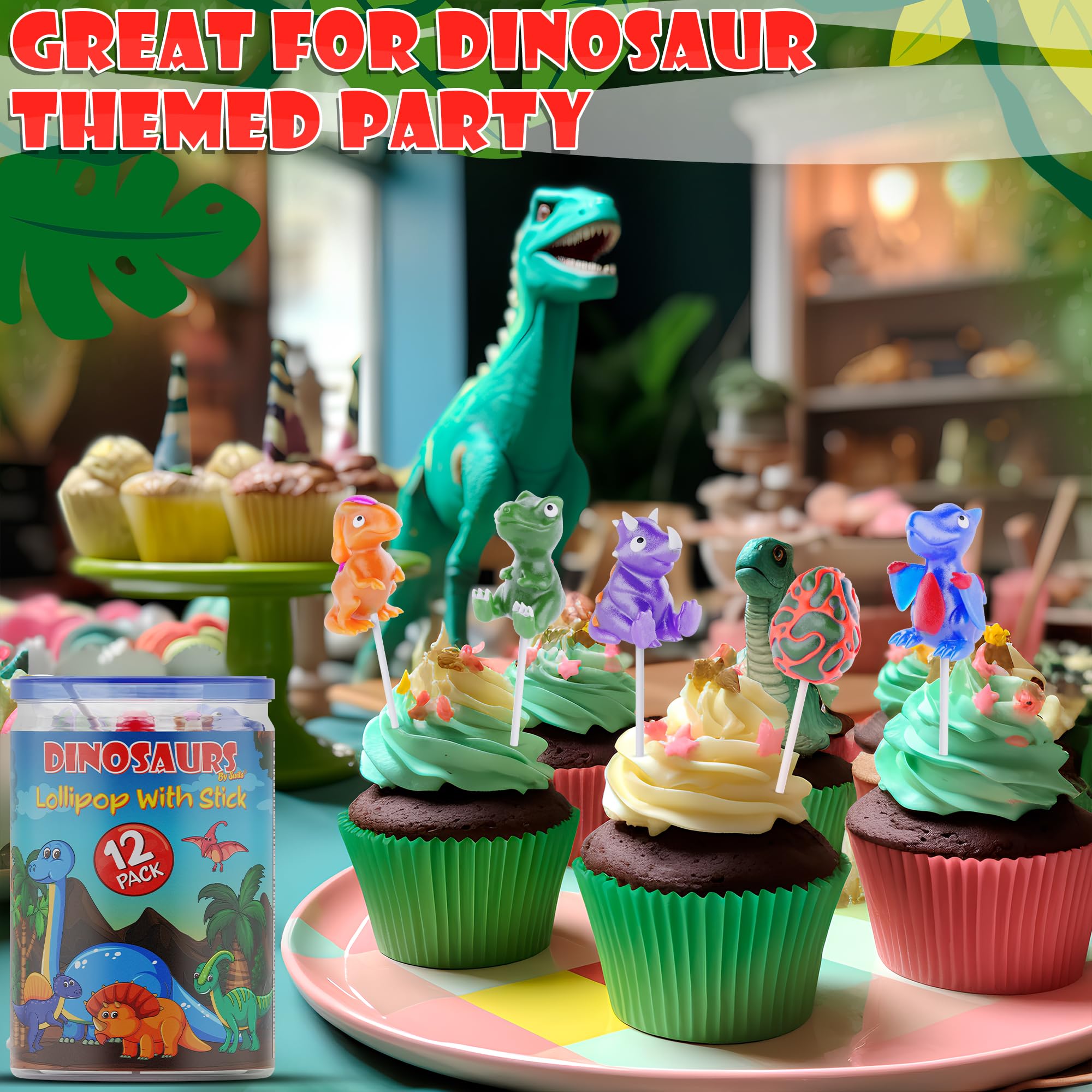 Dinosaur Lollipops 12pk - Fun Dino Shaped Candy for Kids Birthday Party Favors, Dinosaur Themed Decorations & Snacks - Perfect for Jurassic Themed Events, Classroom Rewards & Halloween Treats