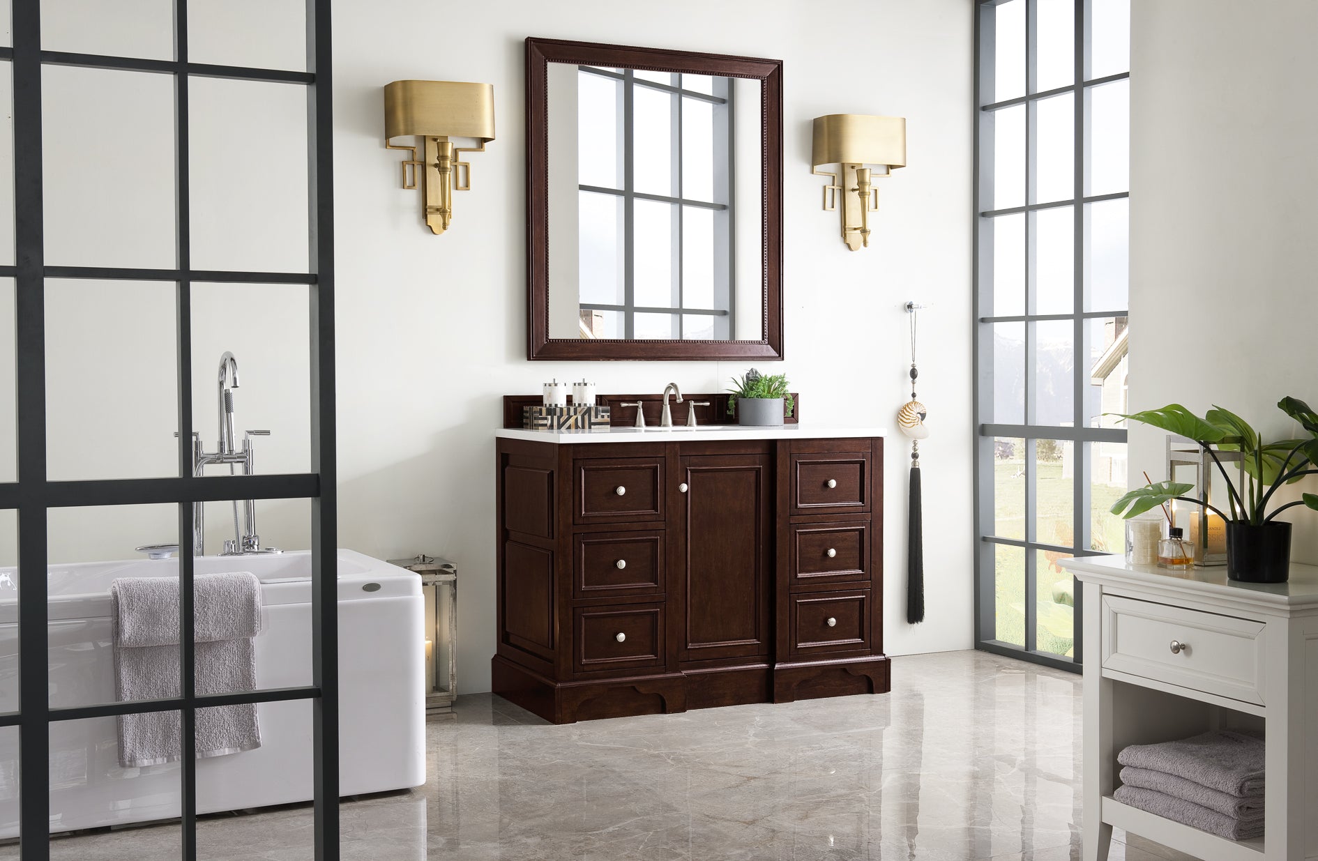 De Soto 48 Inch Single Bathroom Vanity with Burnished Mahogany Cabinet & 3CM White Zeus Quartz Countertop - Perfect for Modern Master Bathrooms and Powder Rooms