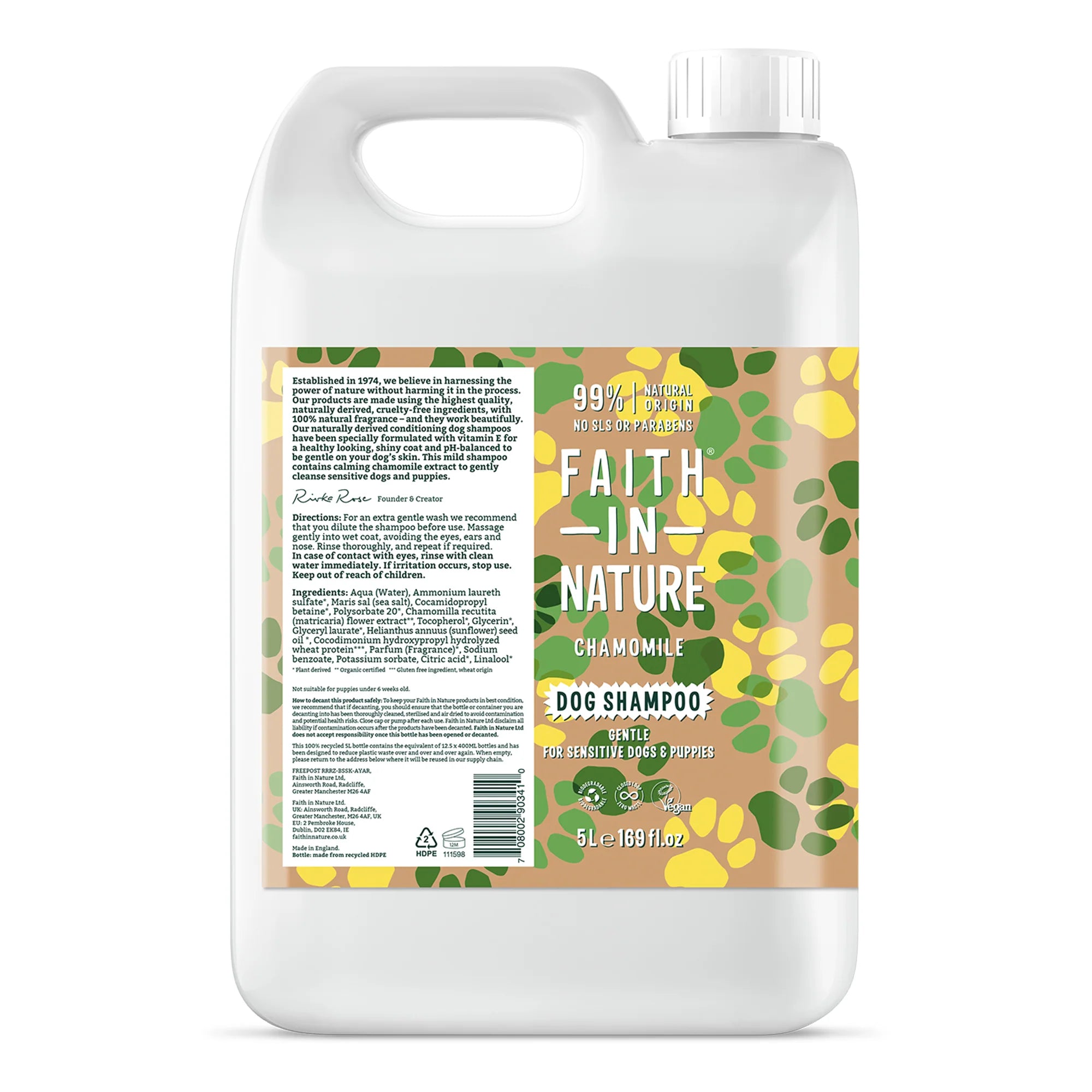 Faith in Nature Chamomile Dog Shampoo 5L - Gentle & Natural Pet Shampoo for Sensitive Skin - Perfect for Bathing & Grooming Dogs at Home or Pet Salon