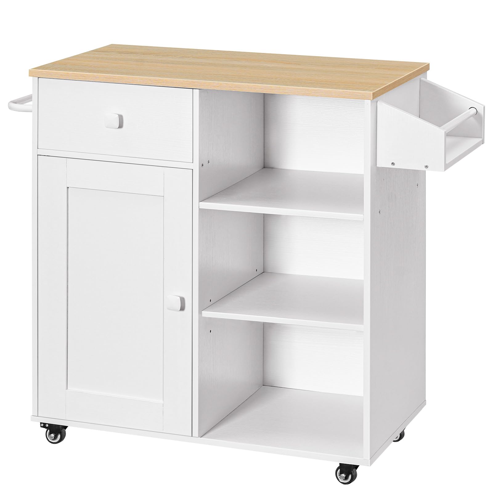 HOOBRO White and Natural Kitchen Island with Storage Cabinet, Drawers, Spice & Towel Rack - Space Saving Kitchen Cart for Small Spaces, Easy Assembly - Perfect for Cooking, Dining & Living Room Organization (Model WN12ZD01)