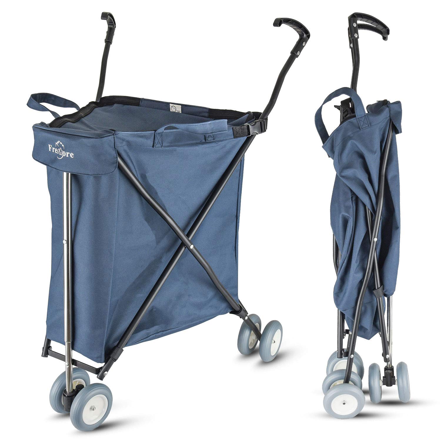 Freshore Collapsible Utility Shopping Cart with Wheels - Heavy Duty Folding Grocery Wagon & Laundry Trolley Carrier | Flexible Push Cart for Supermarket, Market, Laundry & Home Use (Navy Blue)