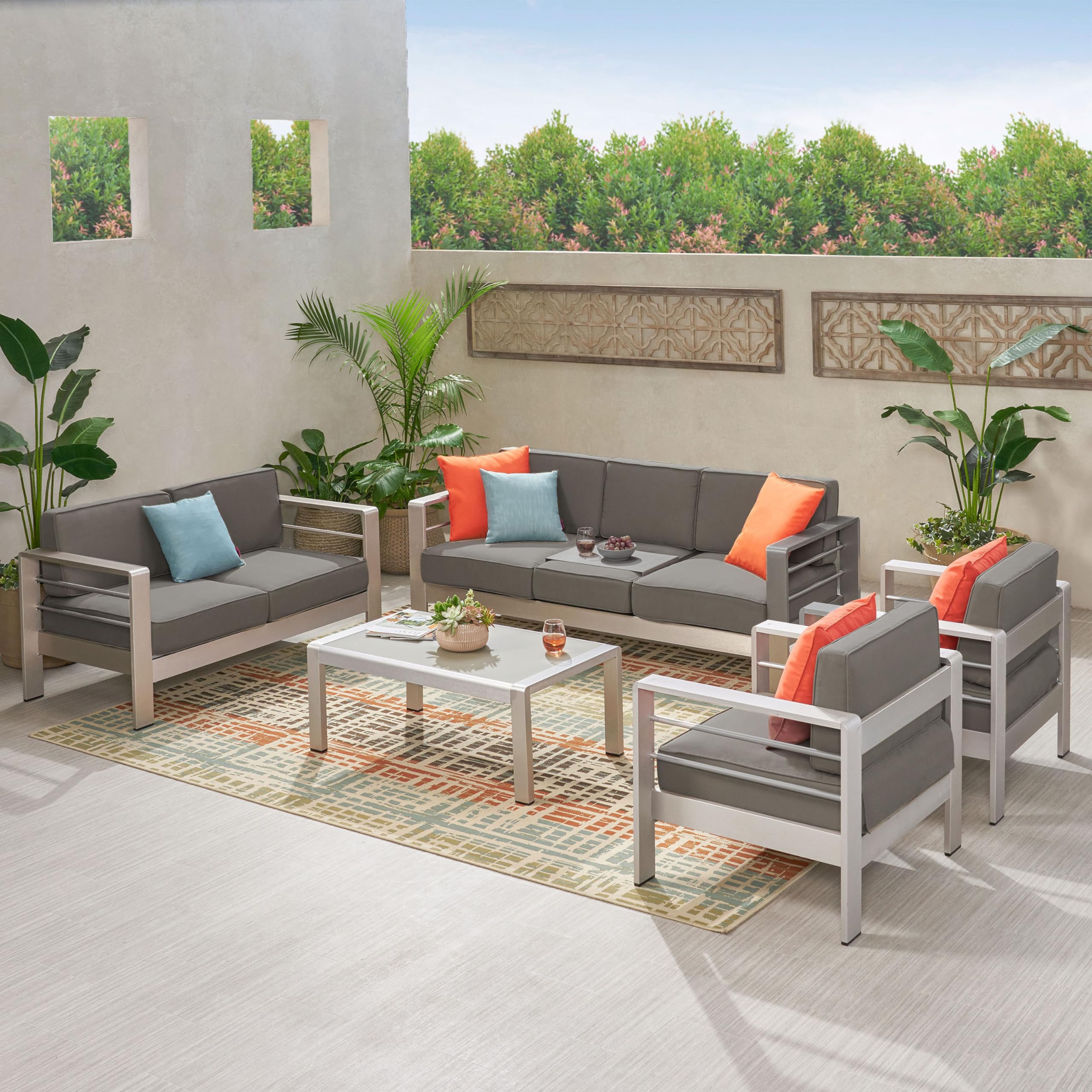 Christopher Knight Home Nicole Outdoor 7-Piece Patio Sofa Set with Coffee Table in Silver & Khaki - Perfect for Backyard, Garden, and Poolside Relaxation