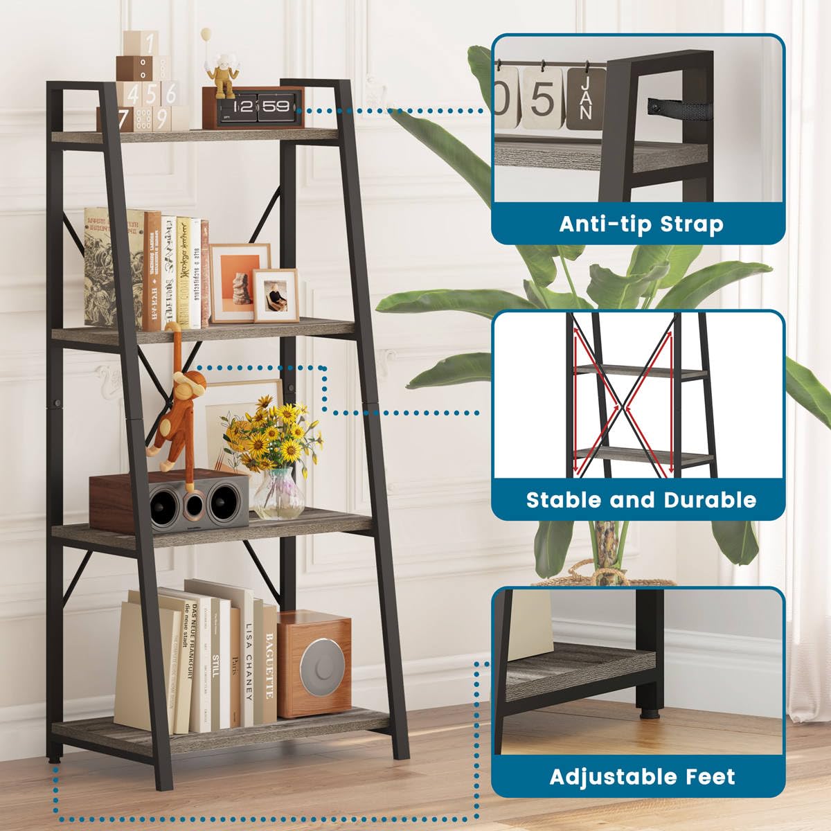 BON AUGURE 4-Tier Wooden Ladder Bookshelf - Farmhouse Style Leaning Bookcase for Living Room, Bedroom & Home Office - Dark Grey Oak Standing Shelf (Perfect for Small Spaces, Book Storage & Decorative Display)