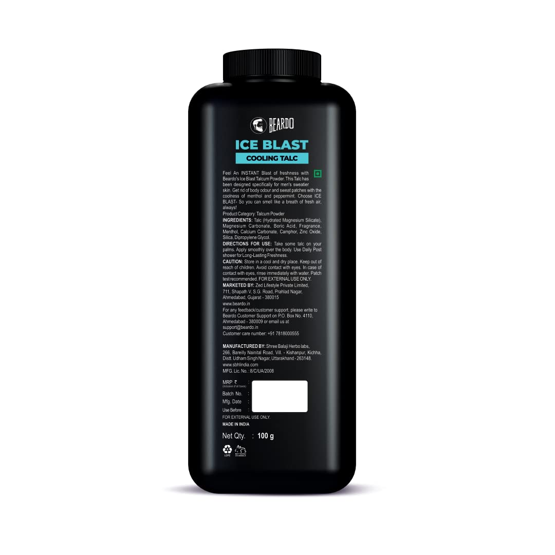 Beardo Ice Blast Cooling Talcum Powder for Men - 250g | Menthol Infused Instant Cooling Body Powder with Aloe Vera & Vitamin E | Perfect for Gym, Travel & Hot Weather Relief